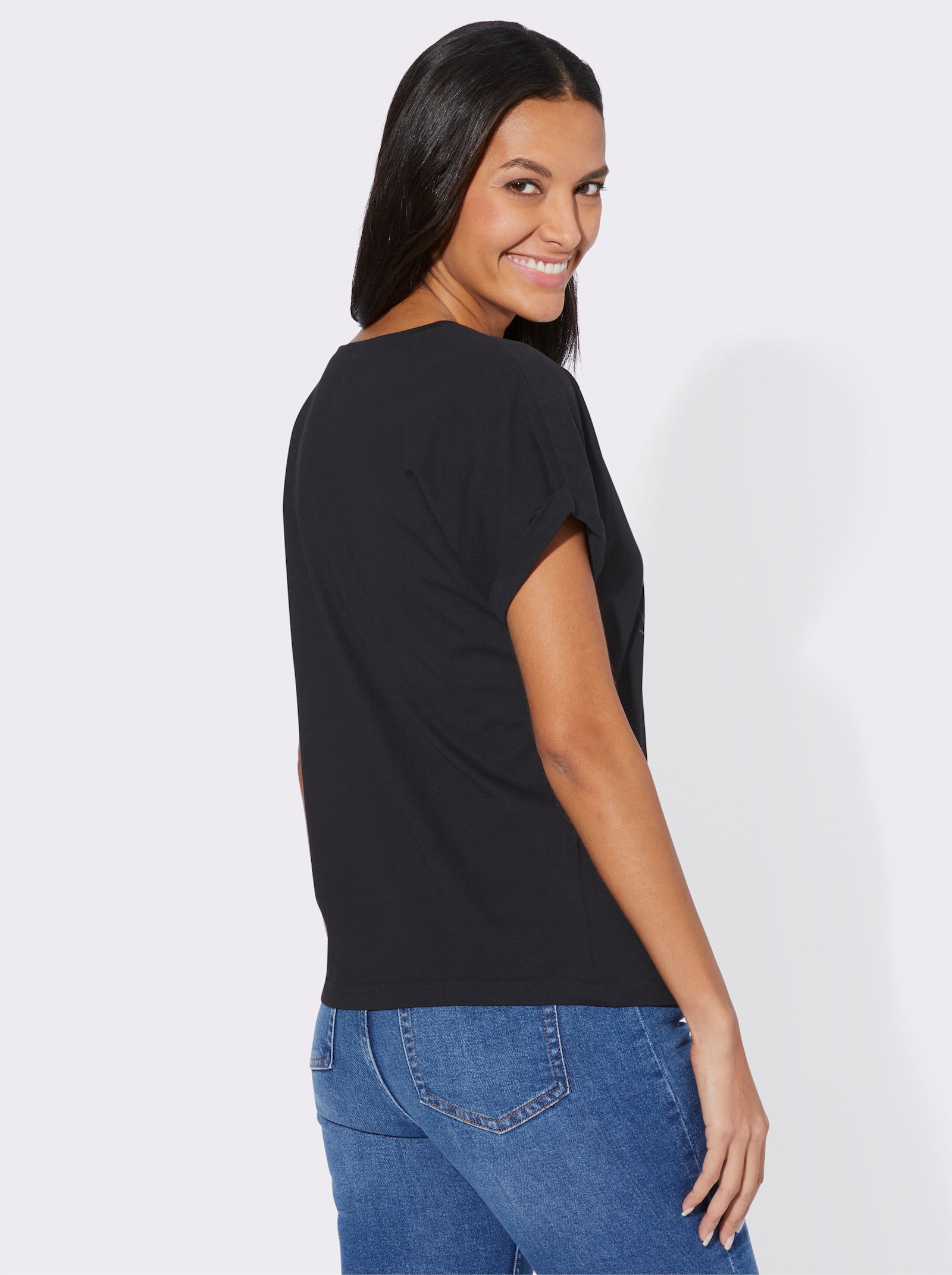 Rundhalsshirt mit Blüten-Dessin - schwarz-bedruckt