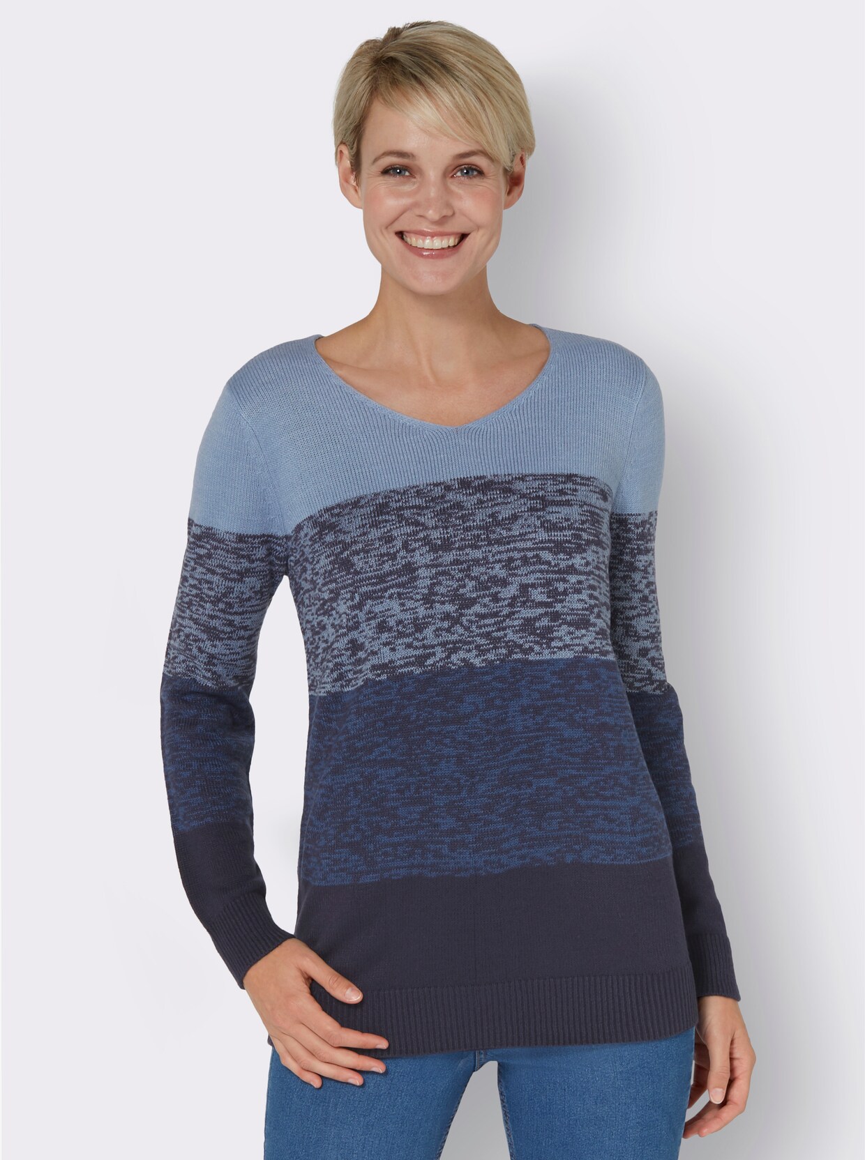 Pullover met V-hals - bleu gestreept