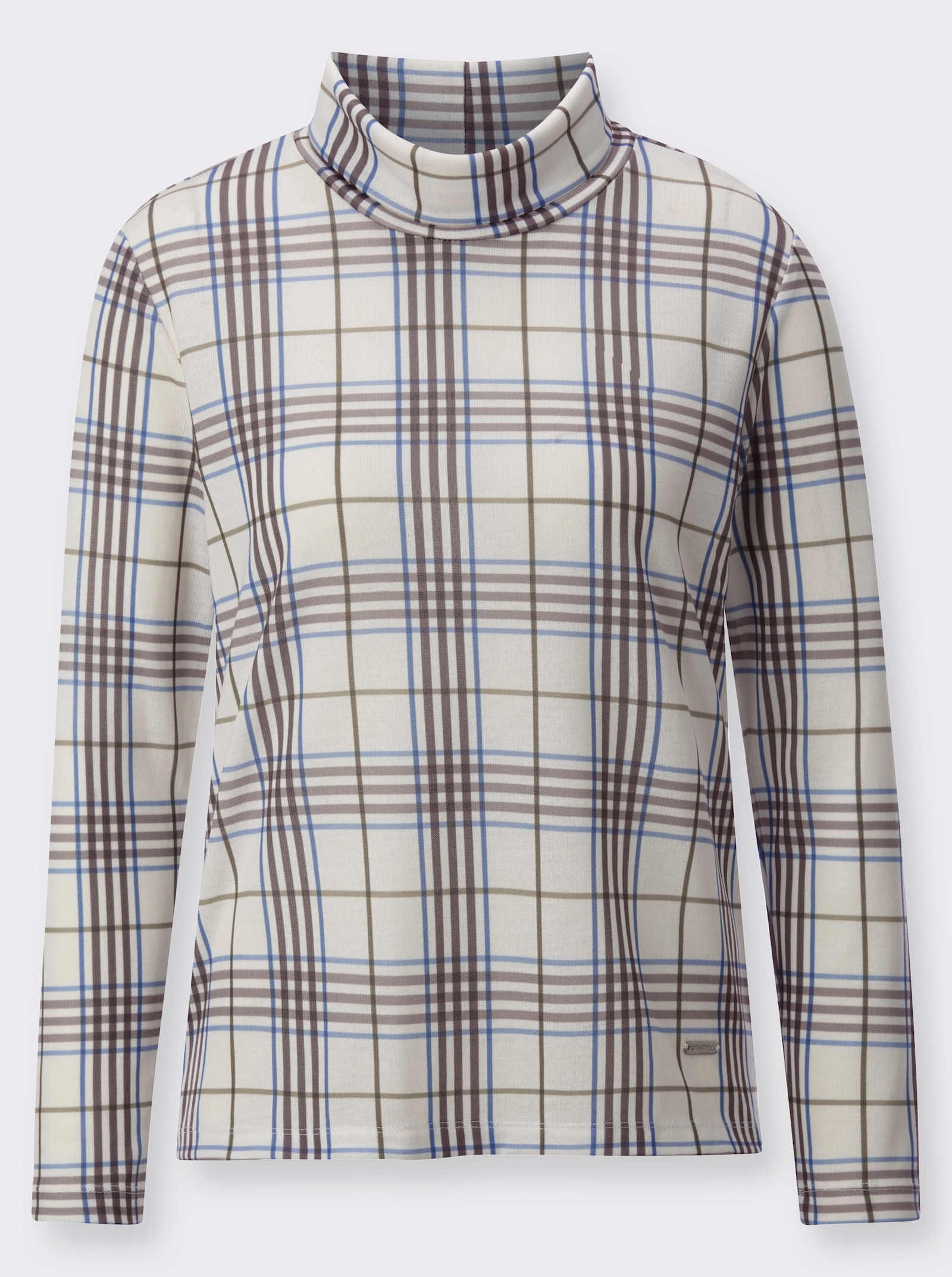 Langarmshirt mit halsfernem Rollkragen - champagner-dunkeltaupe-kariert