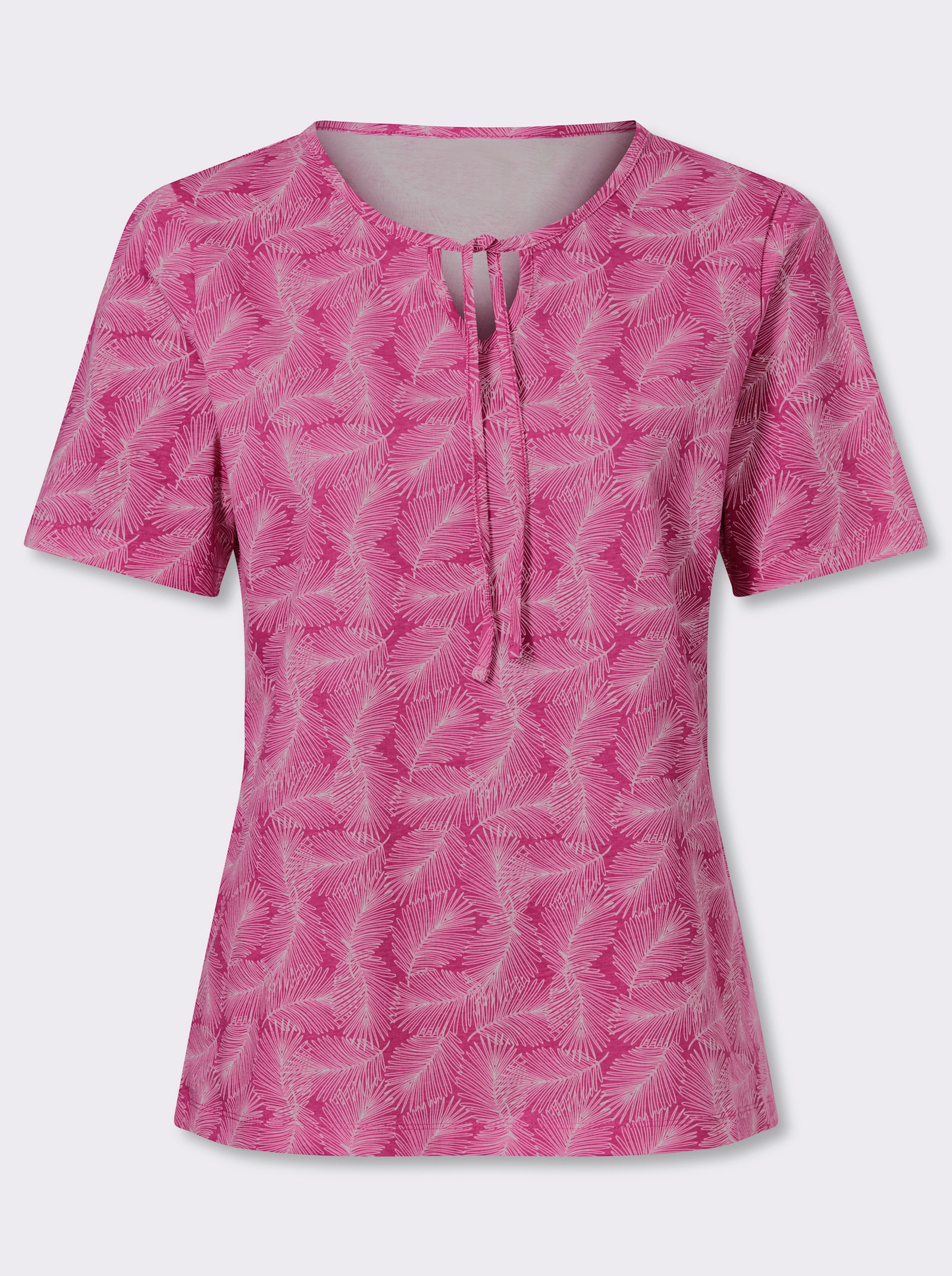 Kurzarmshirt mit Bindeband - fuchsia-ecru-bedruckt