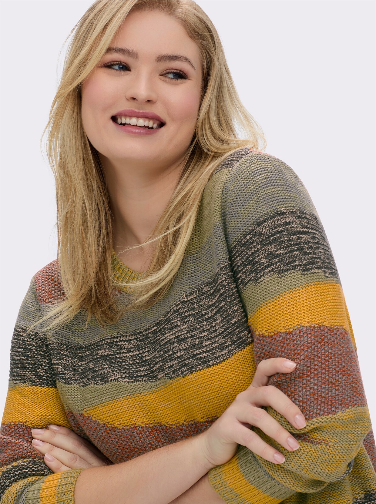 Strickpullover mit farbigen Rippbündchen - ocker-rostrot-gemustert