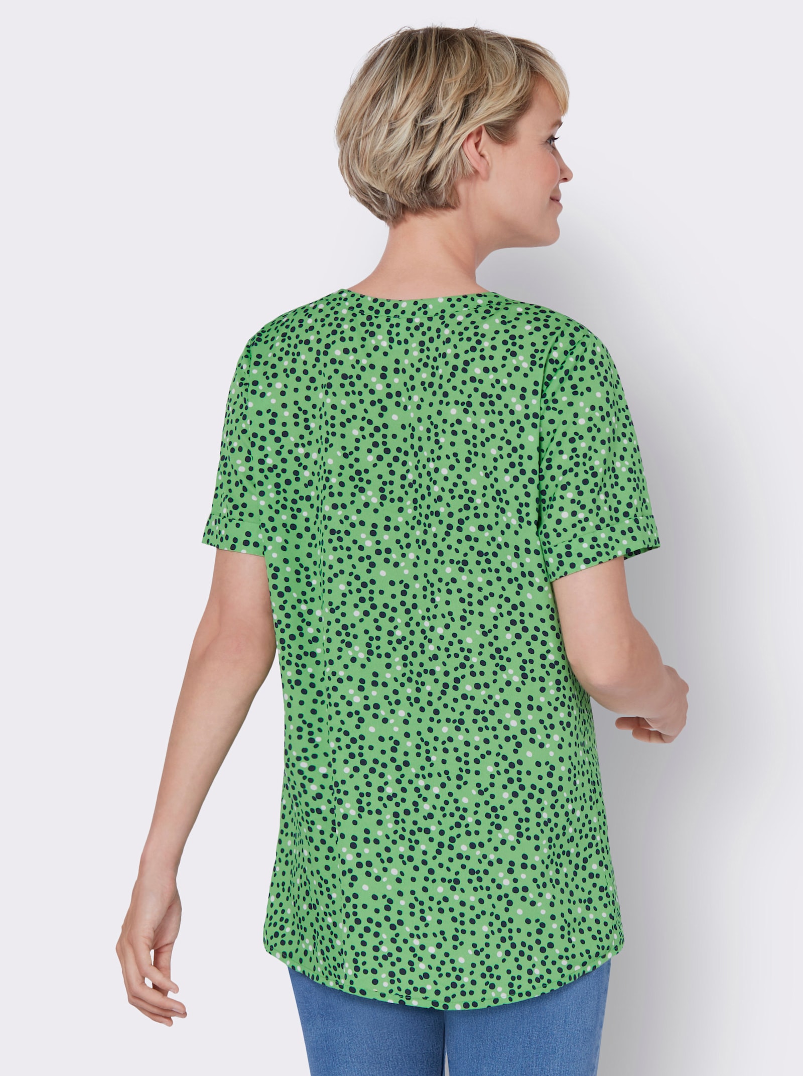 Lange blouse met vaste mouwomslag - appelgroen/marine bedrukt
