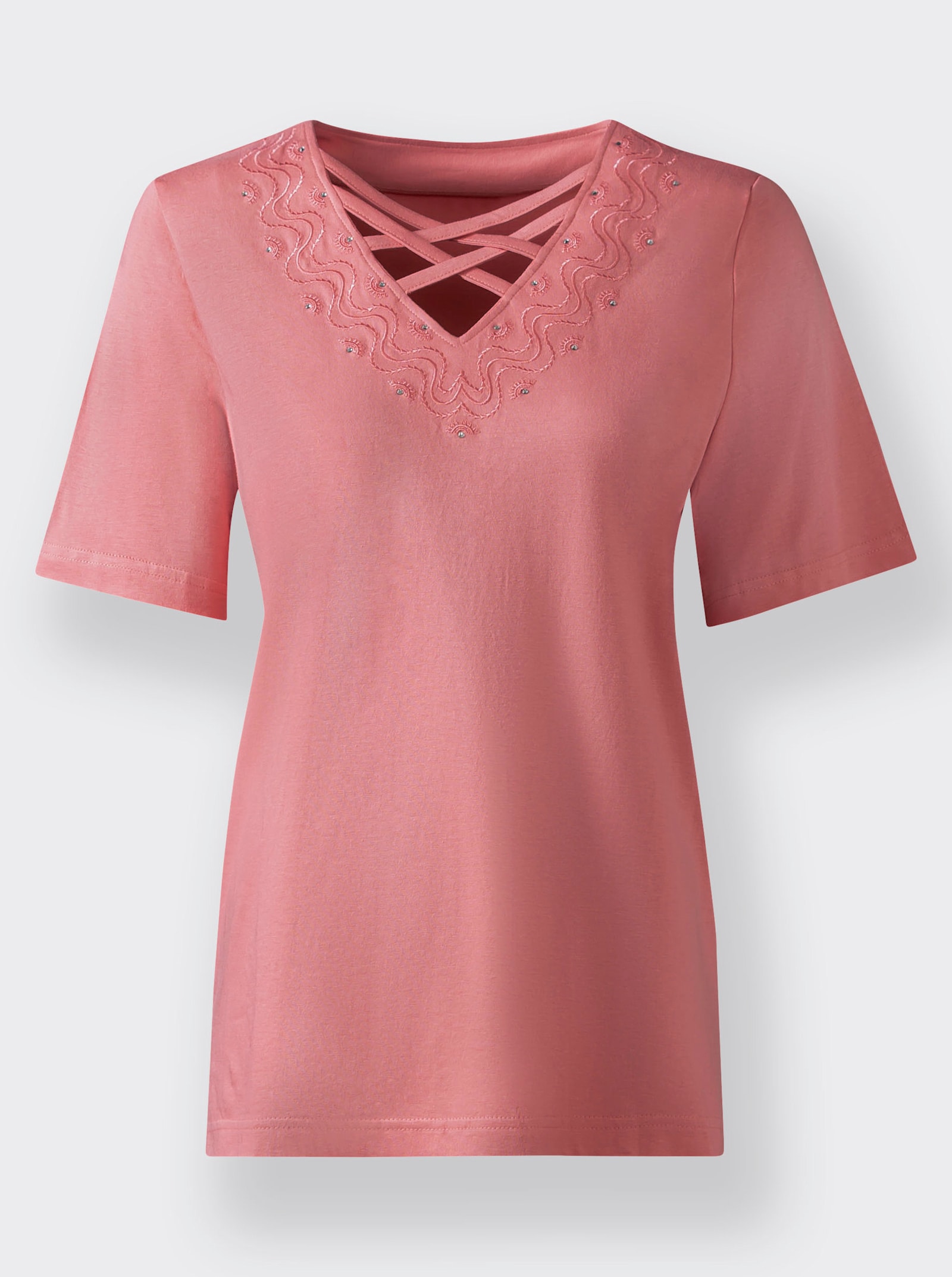 Kurzarmshirt mit Bänderverzierung - flamingo