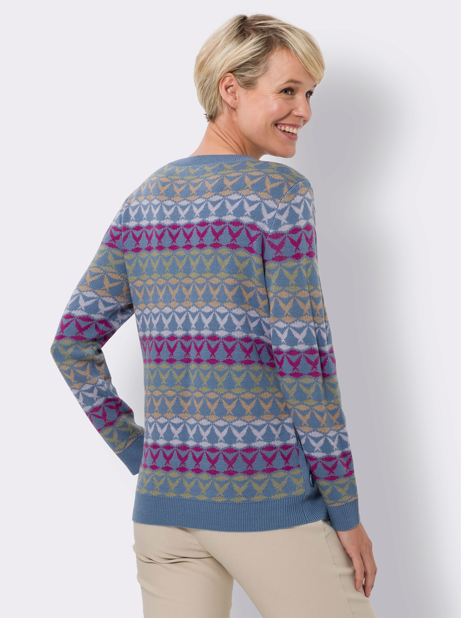 Svetr s kulatým výstřihem s ozdobnými knoflíky - levandulová-džínová-proužek