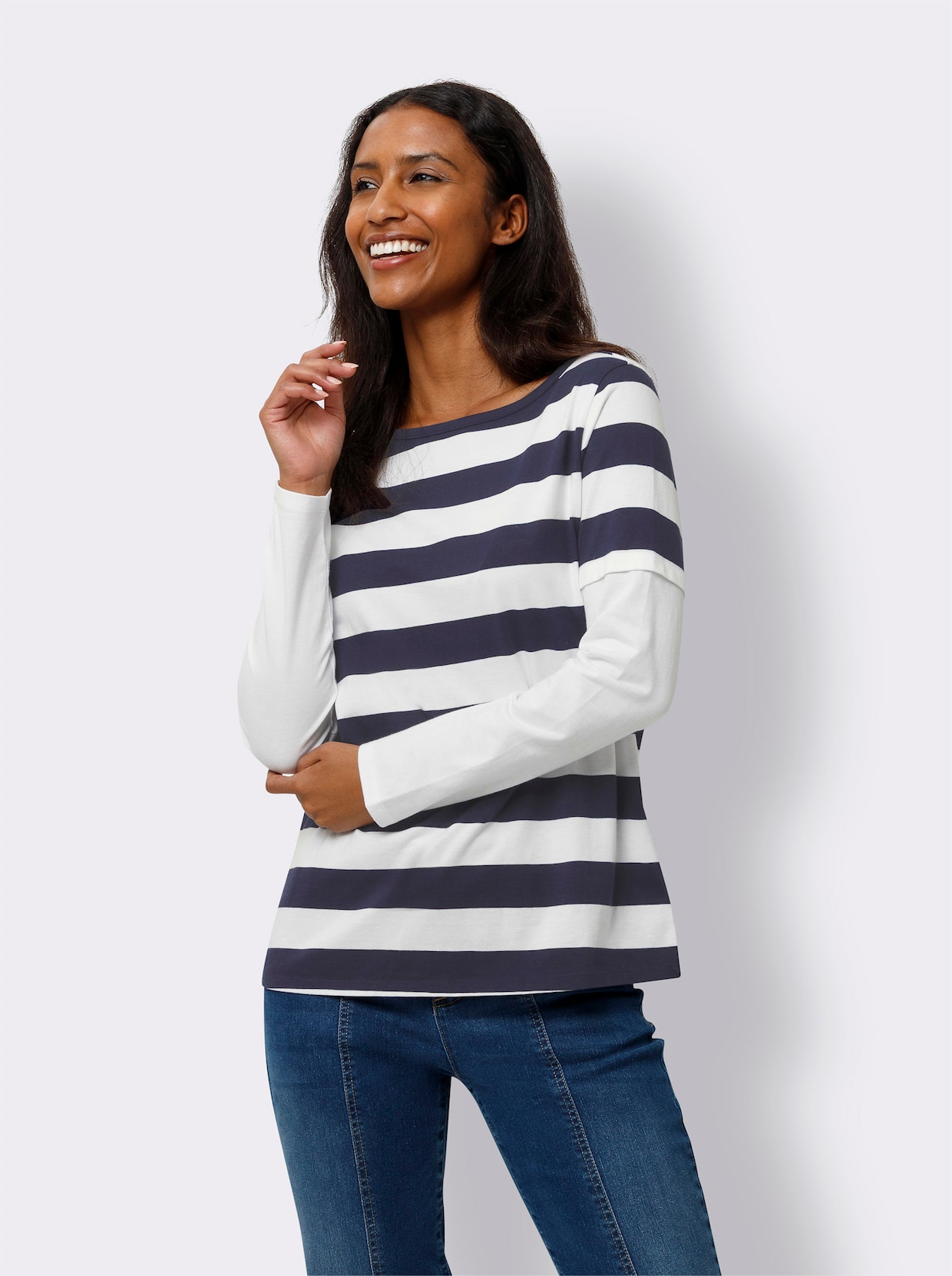 heine Shirt met lange mouwen - ecru/marine gestreept