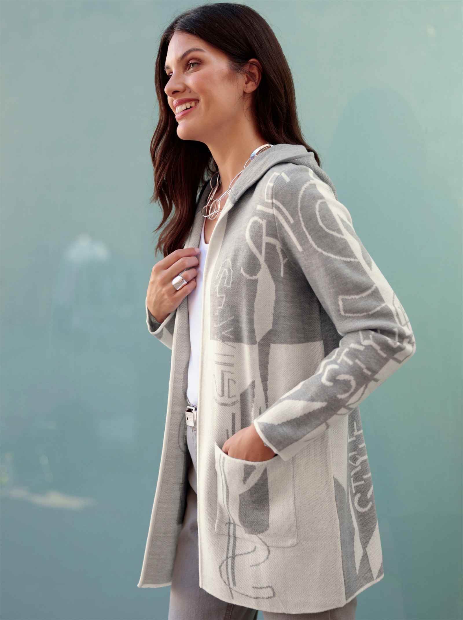 Longstrickjacke im Jacquard-Dessin - ecru-hellgrau-gemustert