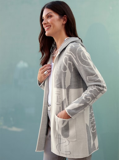 Longstrickjacke im Jacquard-Dessin - ecru-hellgrau-gemustert