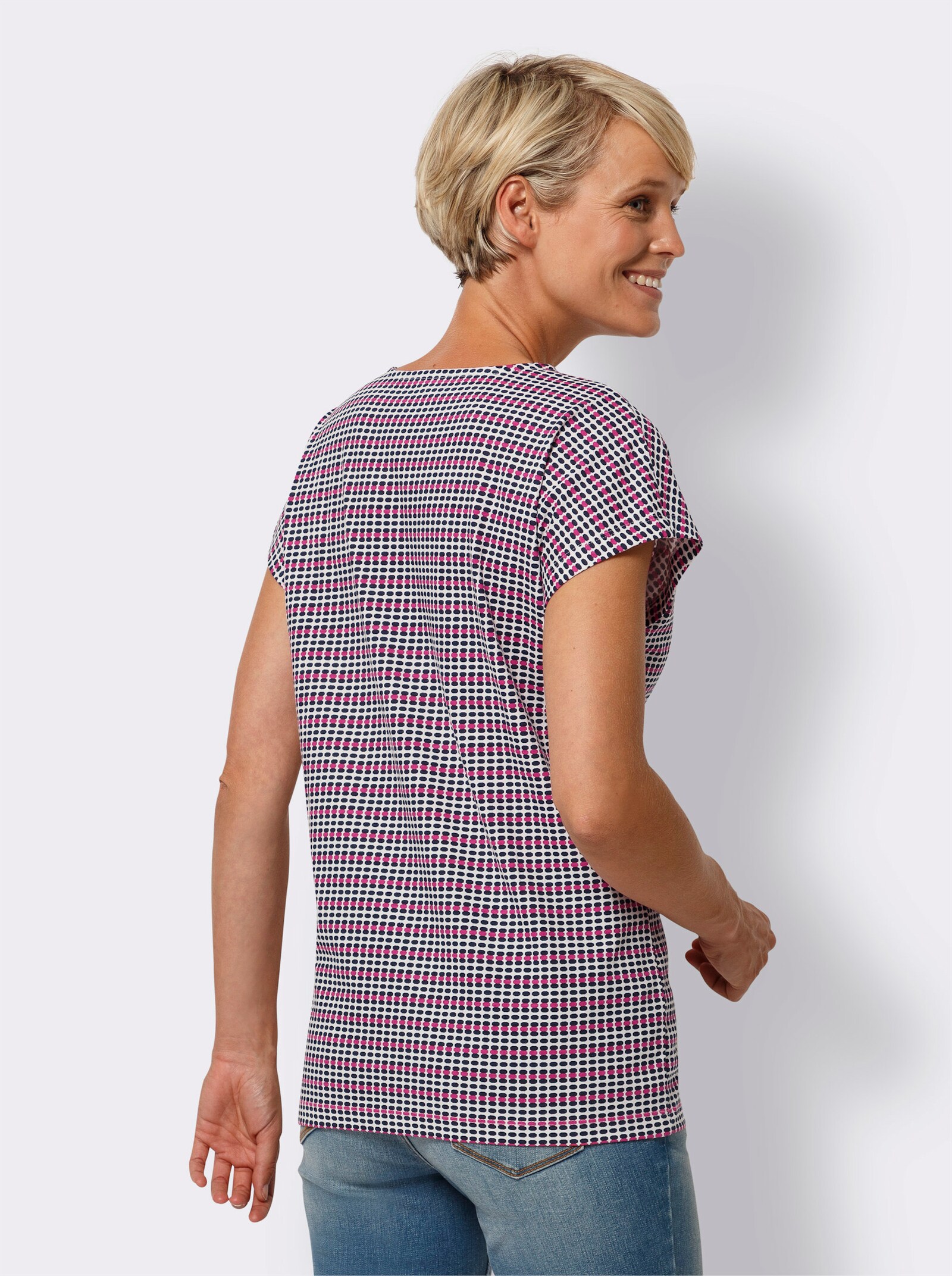 Tričko s kulatým výstřihem a snadno kombinovatelným vzorem - námořnická-fuchsiová-potisk