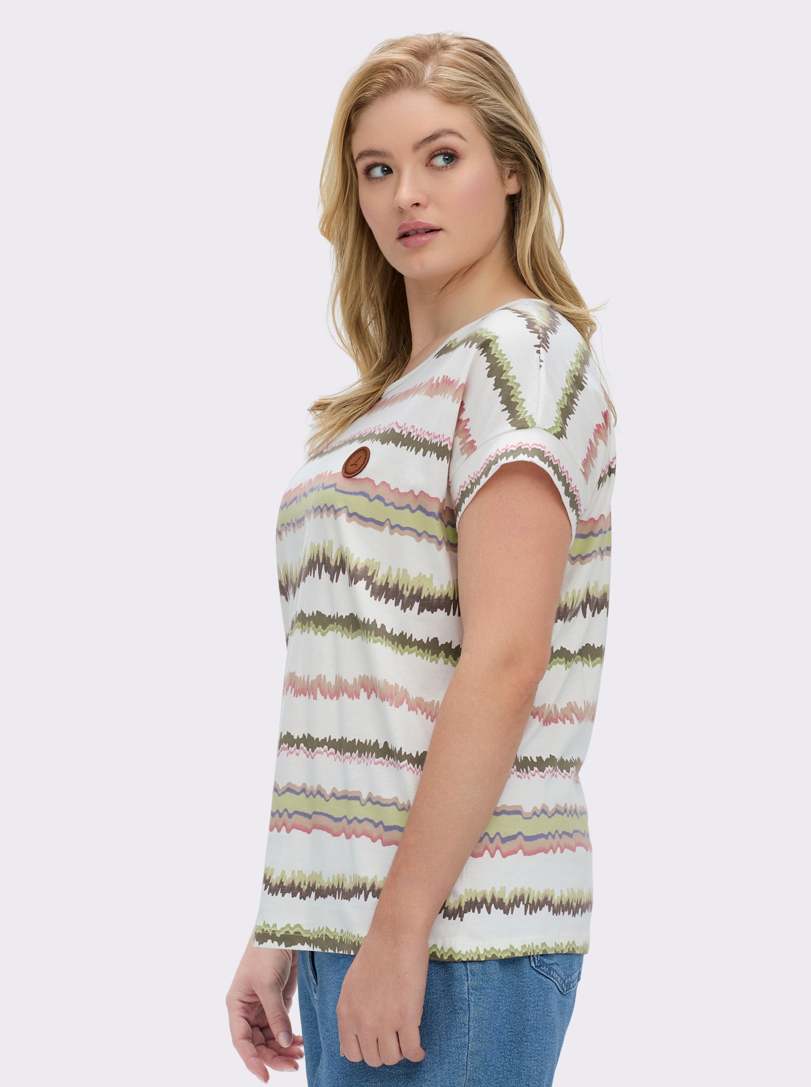 Print-Shirt mit Ziernähten, geringelt - ecru-khaki-bedruckt