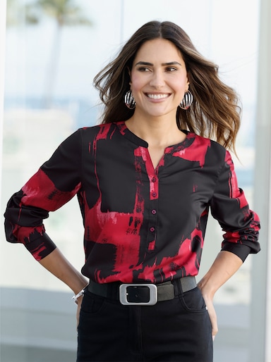 Schlupfbluse im grafischen Dessin - schwarz-rot-bedruckt