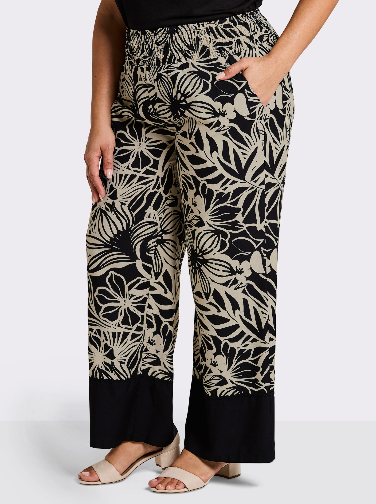 sheego Geweven broek in comfortmodel - zwart/zand geprint