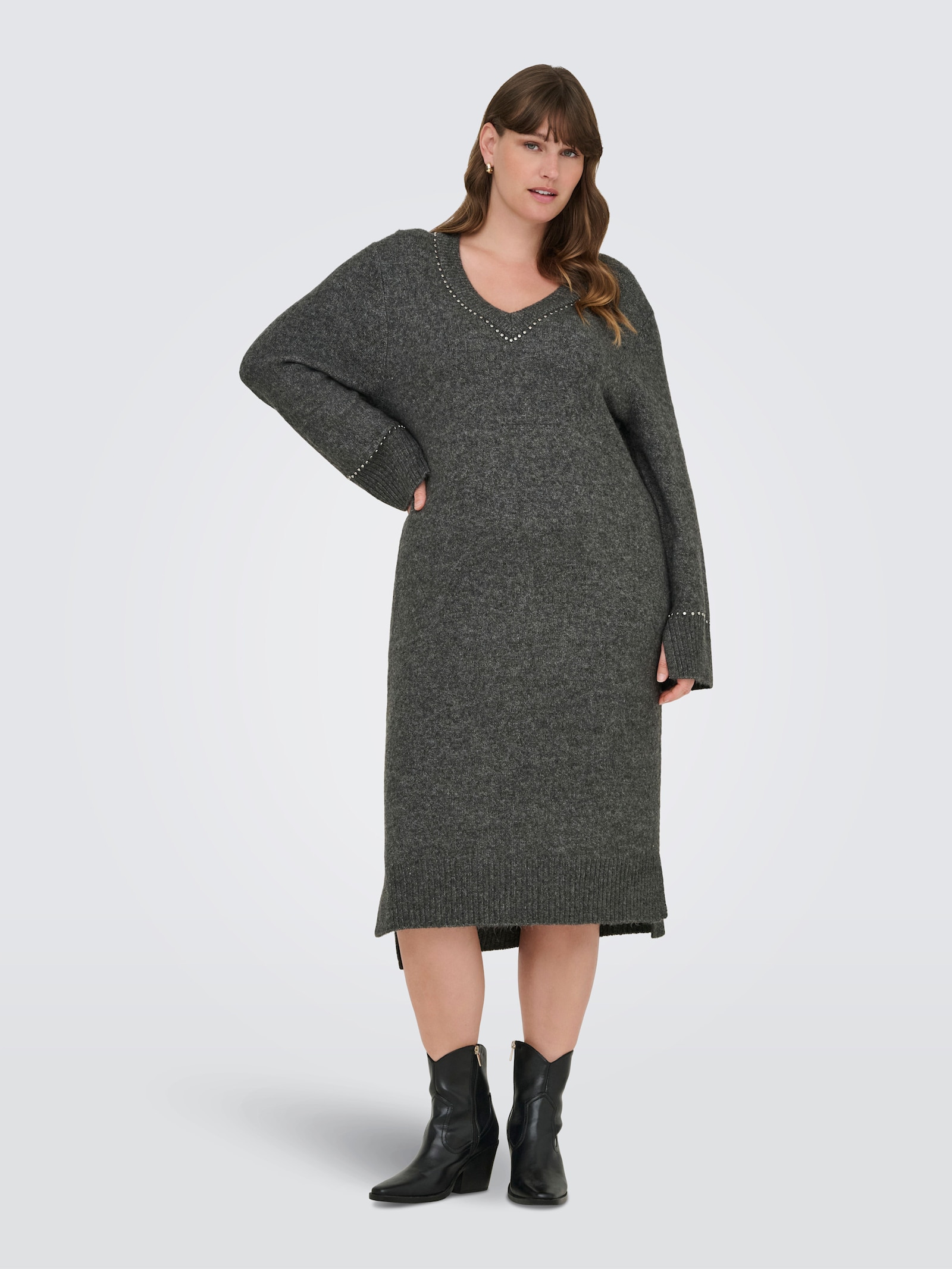 ONLY CARMAKOMA Strickkleid - medium grey melange detail:silver studs