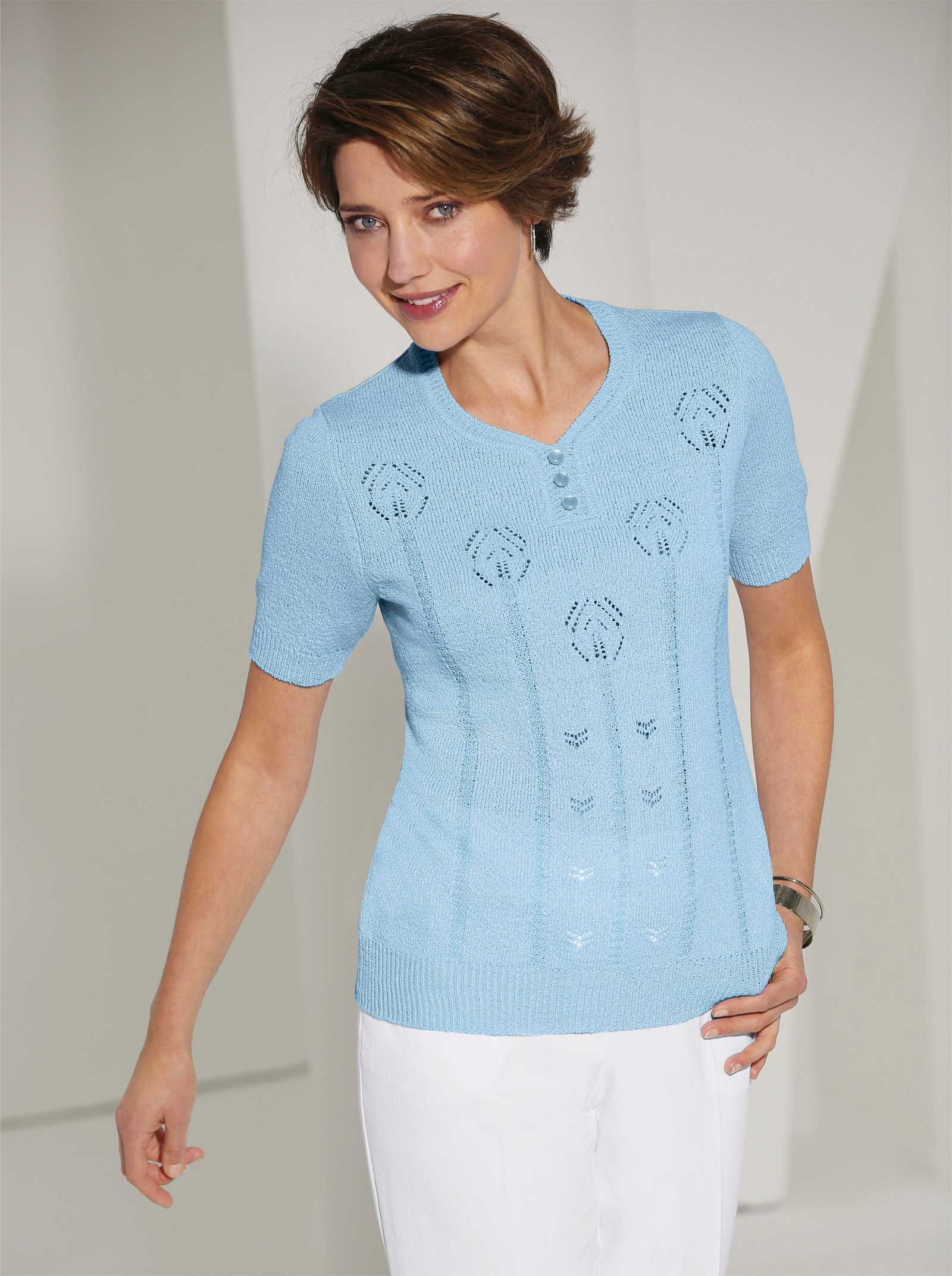 V-Ausschnitt-Pullover mit Ajour-Strickmuster - bleu