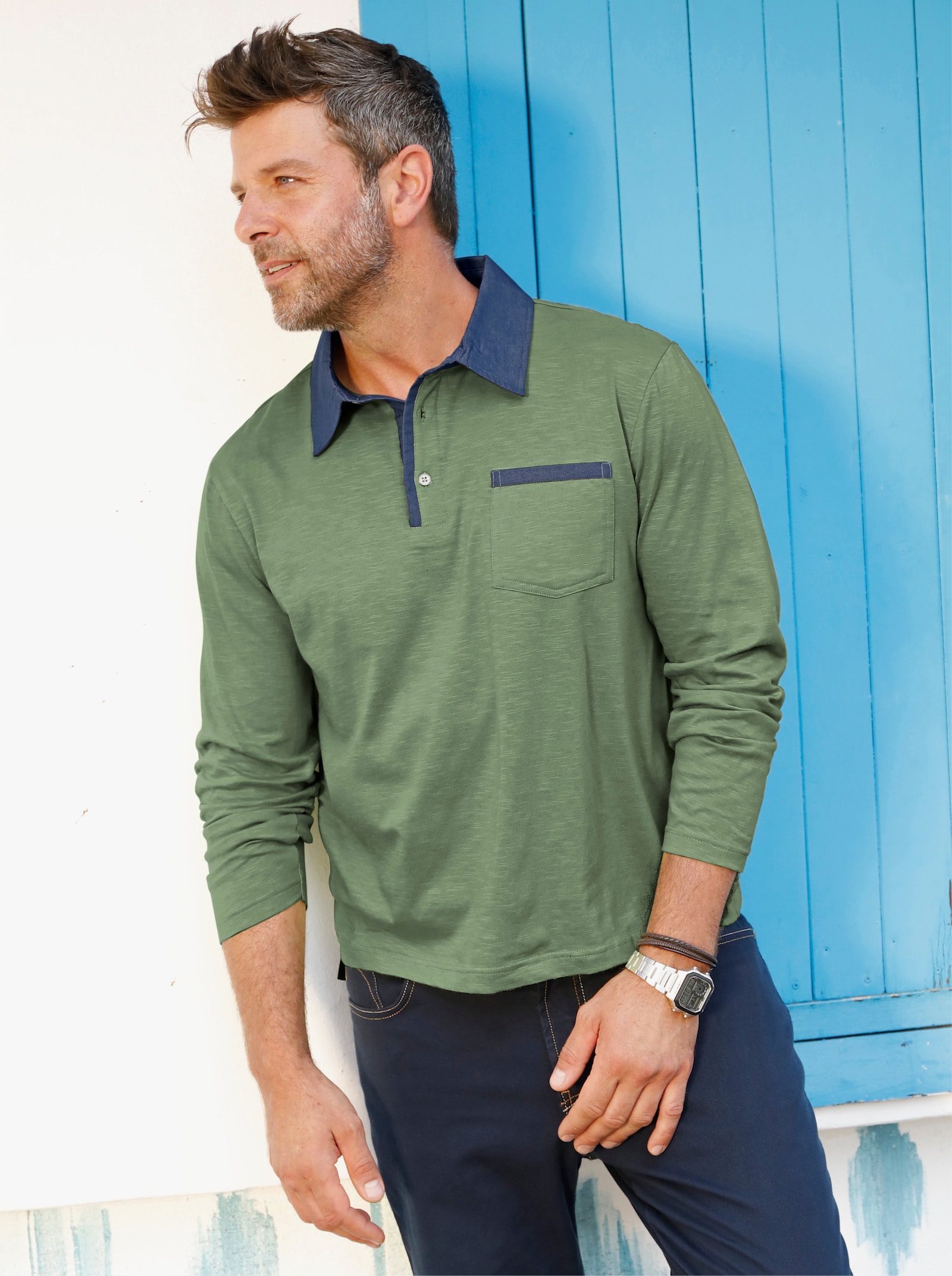 Marco Donati Langarmshirt mit Details in Denim-Optik - eucalyptus