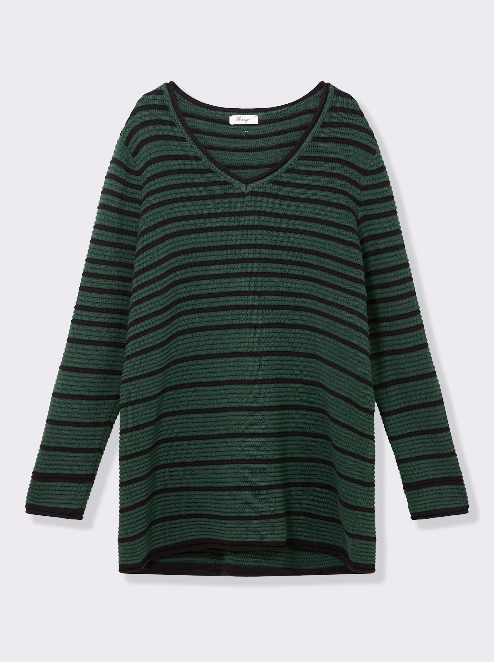 sheego Streifenpullover mit Rollkanten - moos-schwarz-geringelt