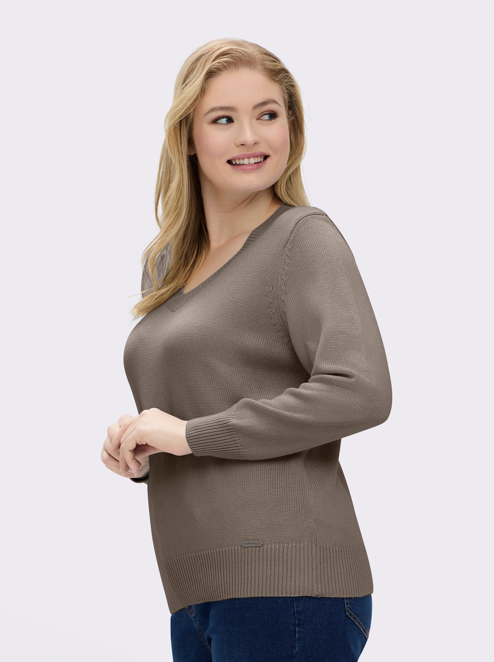 V-Ausschnitt-Pullover mit Baumwolle - taupe-meliert