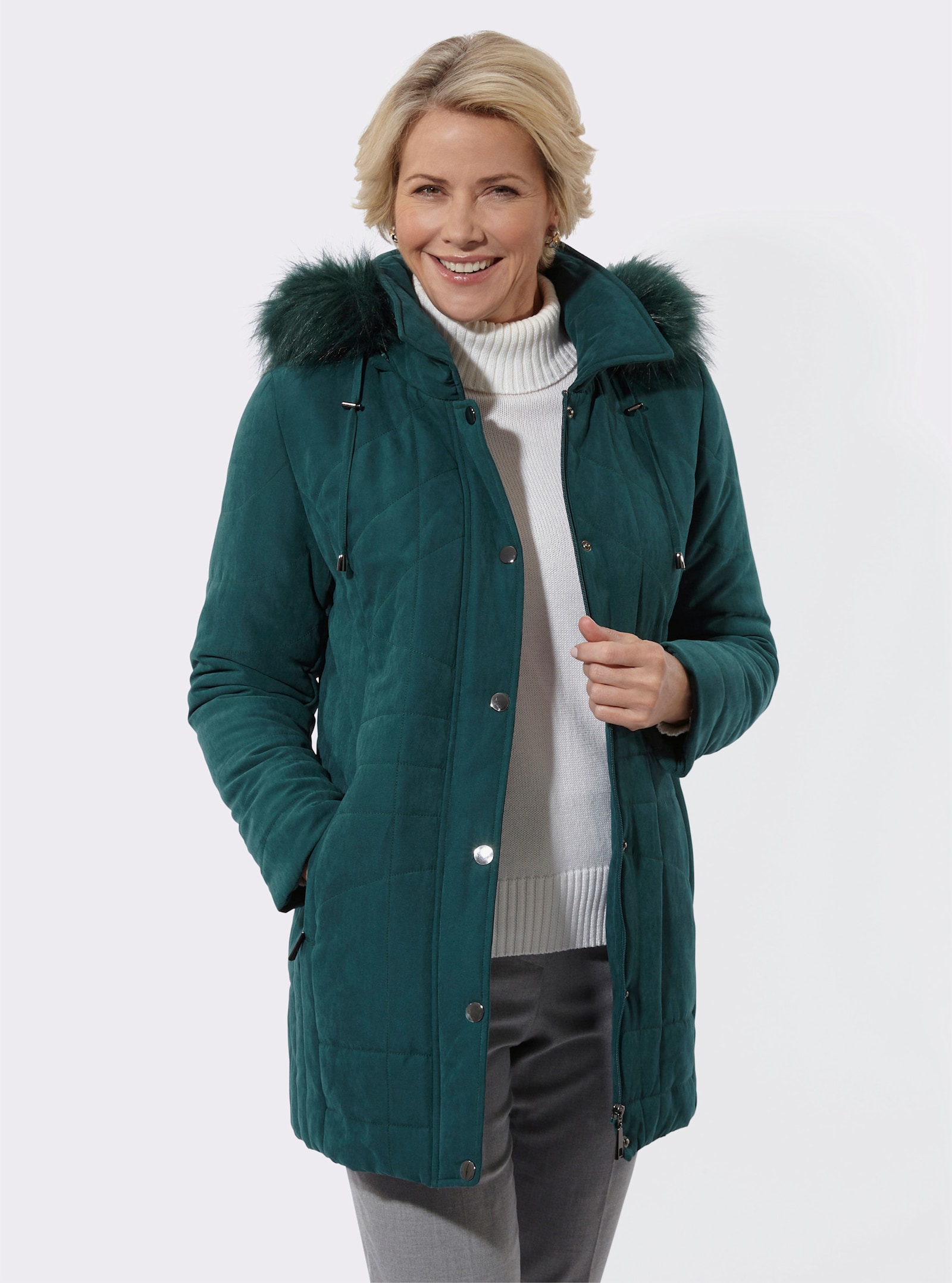 Kapuzenjacke Pelz-Imitat-Besatz - petrol