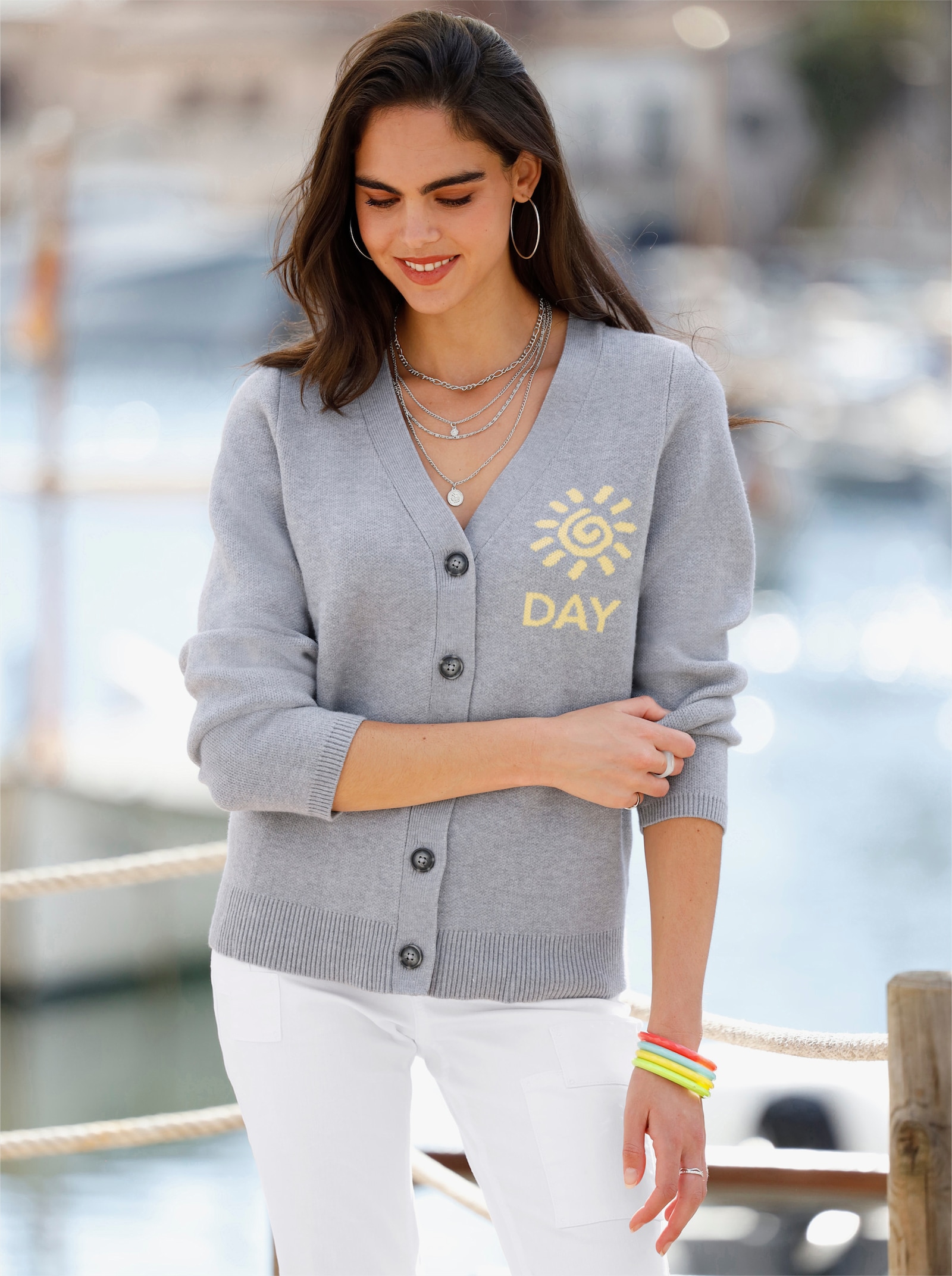 heine Strickjacke mit Jacquard-Schriftzug - steingrau-meliert