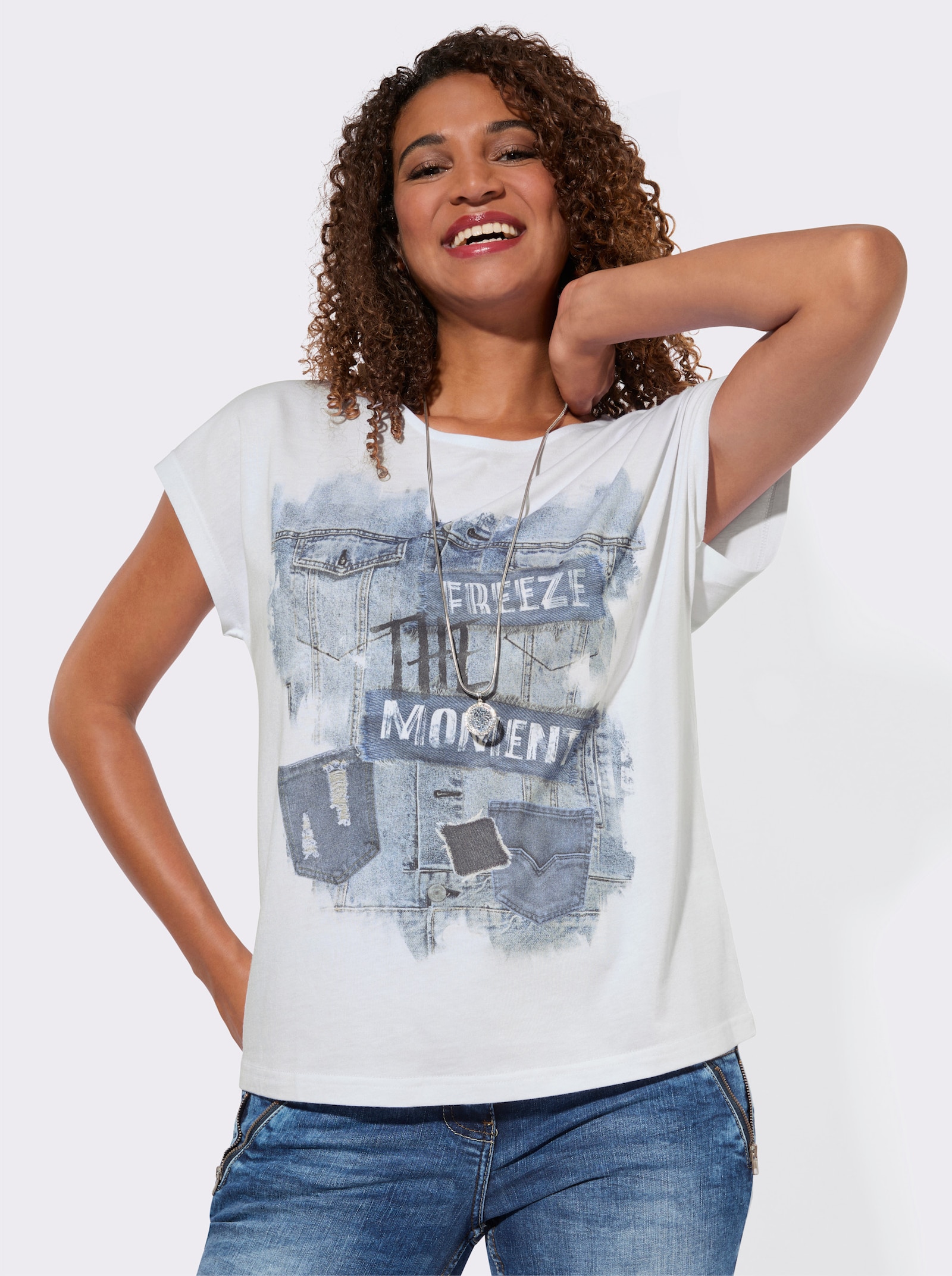 Shirt mit Druck-Motiv vorne - weiß-jeansblau-bedruckt