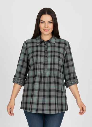 Langarmbluse mit Biesen, kariert - jade-kariert