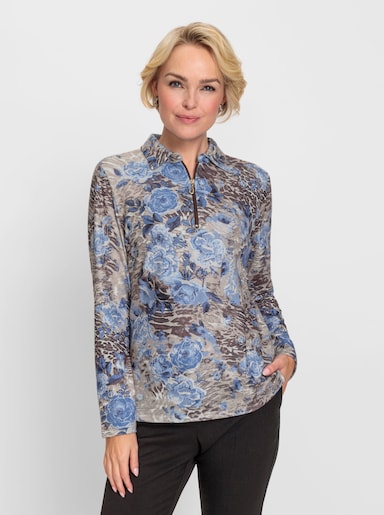 Poloshirt mit Blüten-Tierfell-Muster - bleu-sesam-bedruckt