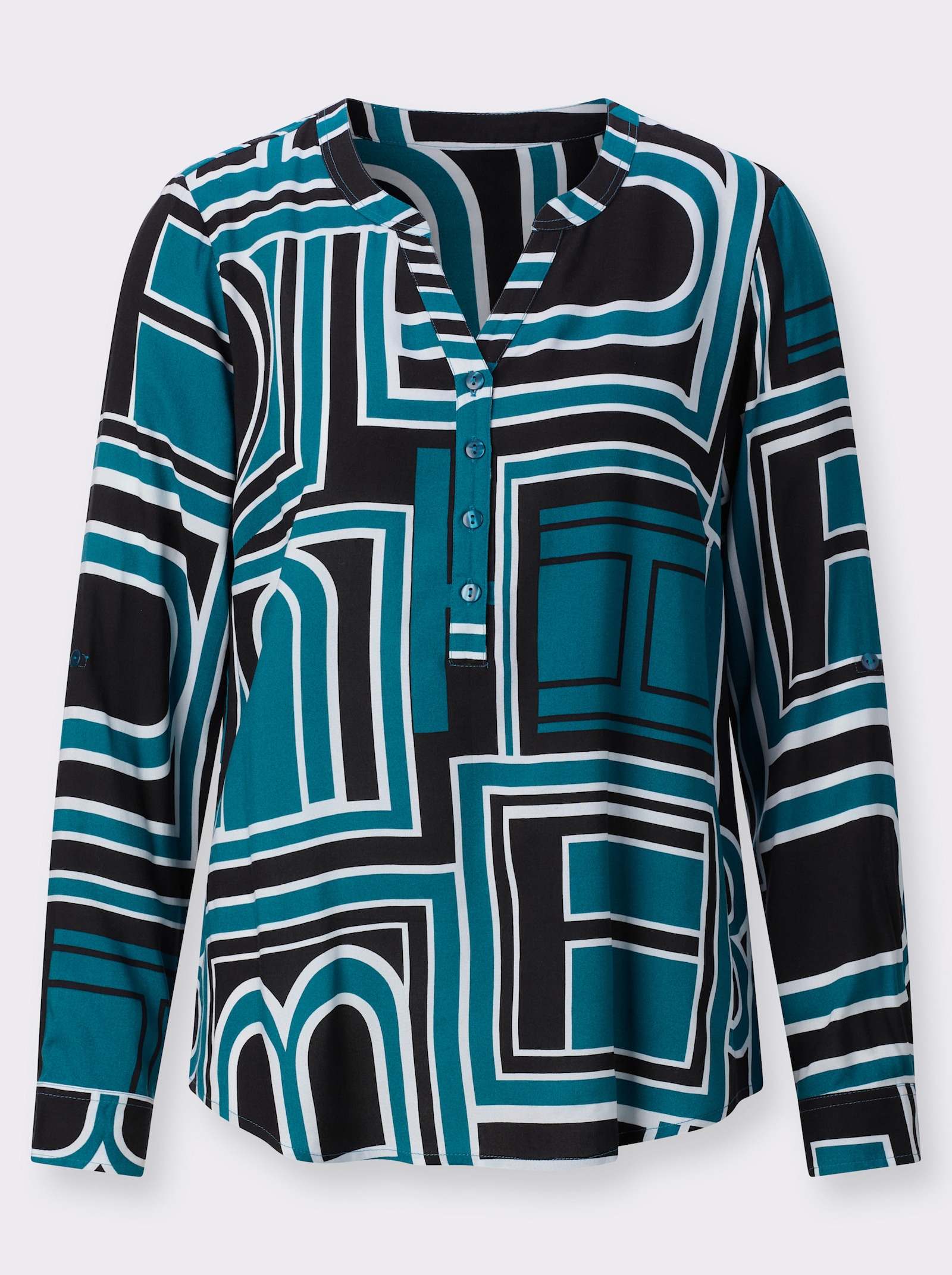 Schlupfbluse mit Krempelärmeln - aquapetrol-schwarz