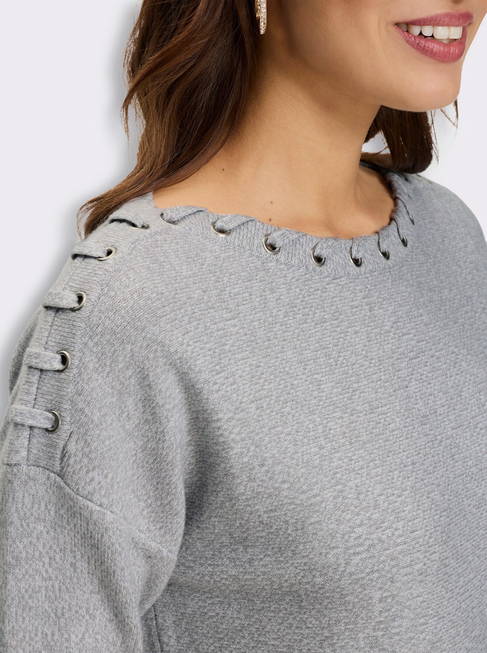Strickpullover mit Bänderverzierung - steingrau-meliert