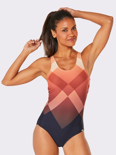 feel good Badeanzug in grafischem Dessin - marine-papaya-bedruckt