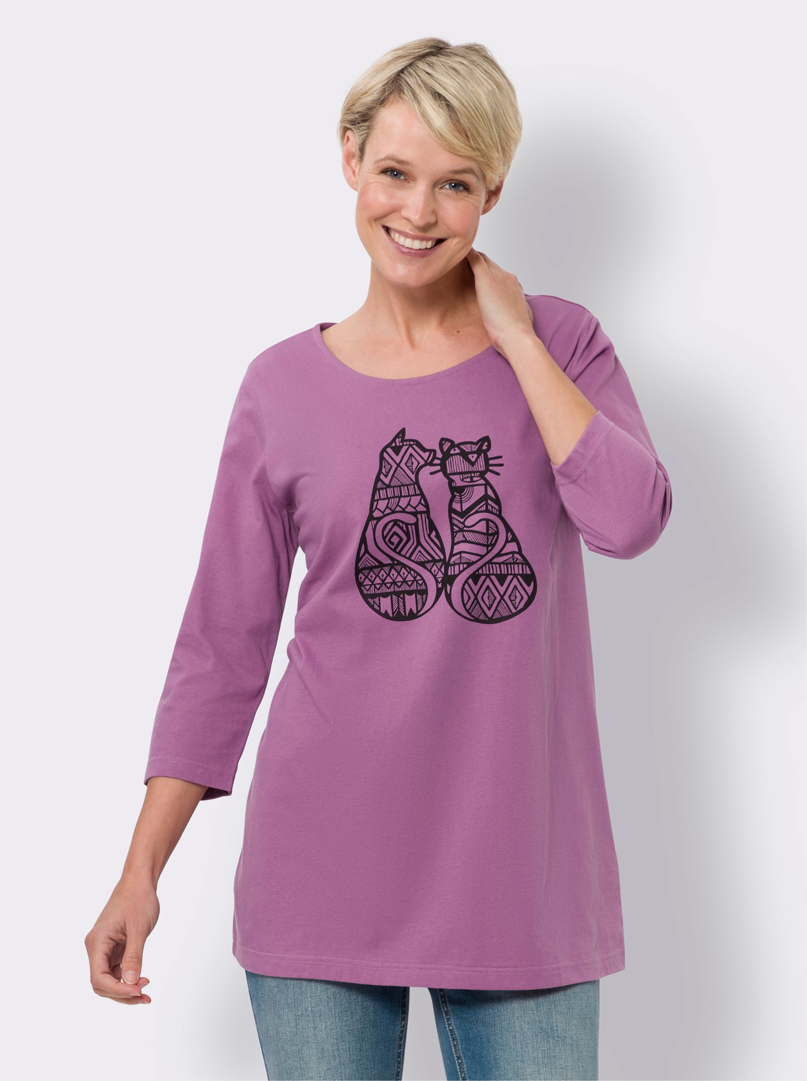 Longshirt mit Katzen-Print - violett-schwarz
