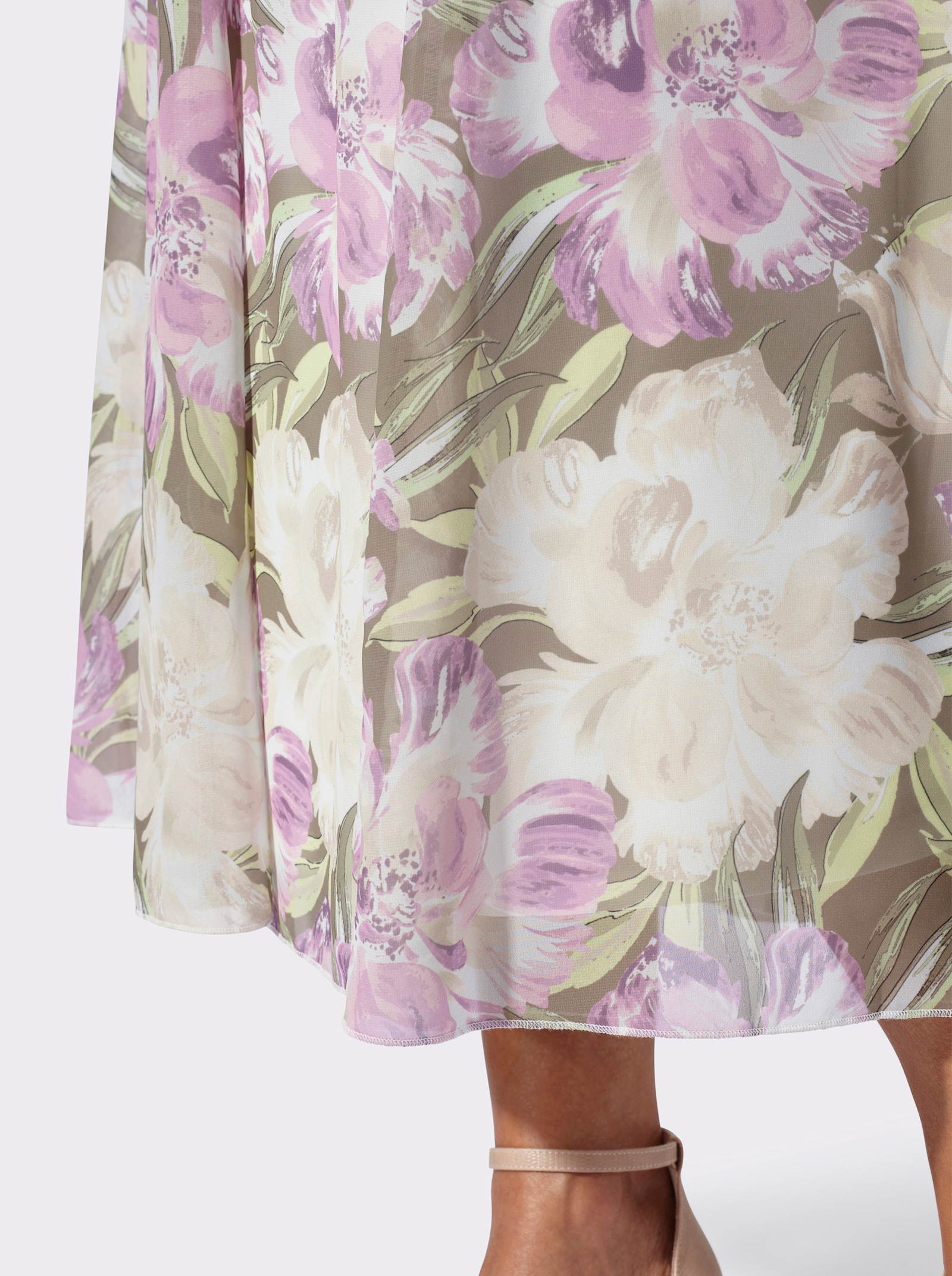 Vådskuren kjol i georgette - pistasch-orkidé-med tryck