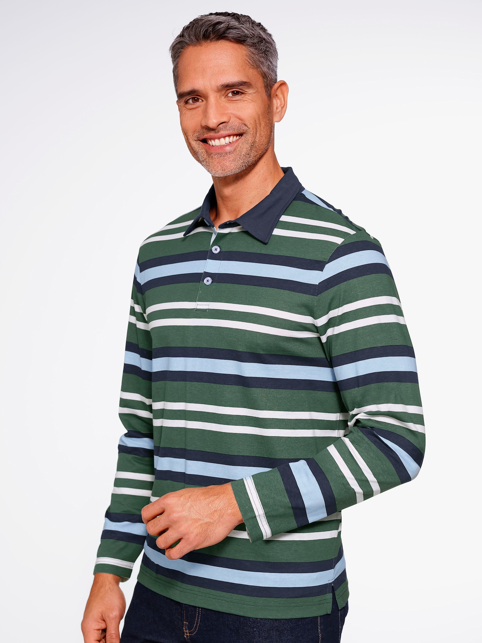 Poloshirt met lange mouwen en streepjeslook - mos-ijsblauw gestreept