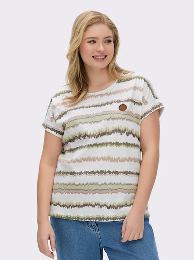 Print-Shirt mit Ziernähten, geringelt - ecru-khaki-bedruckt