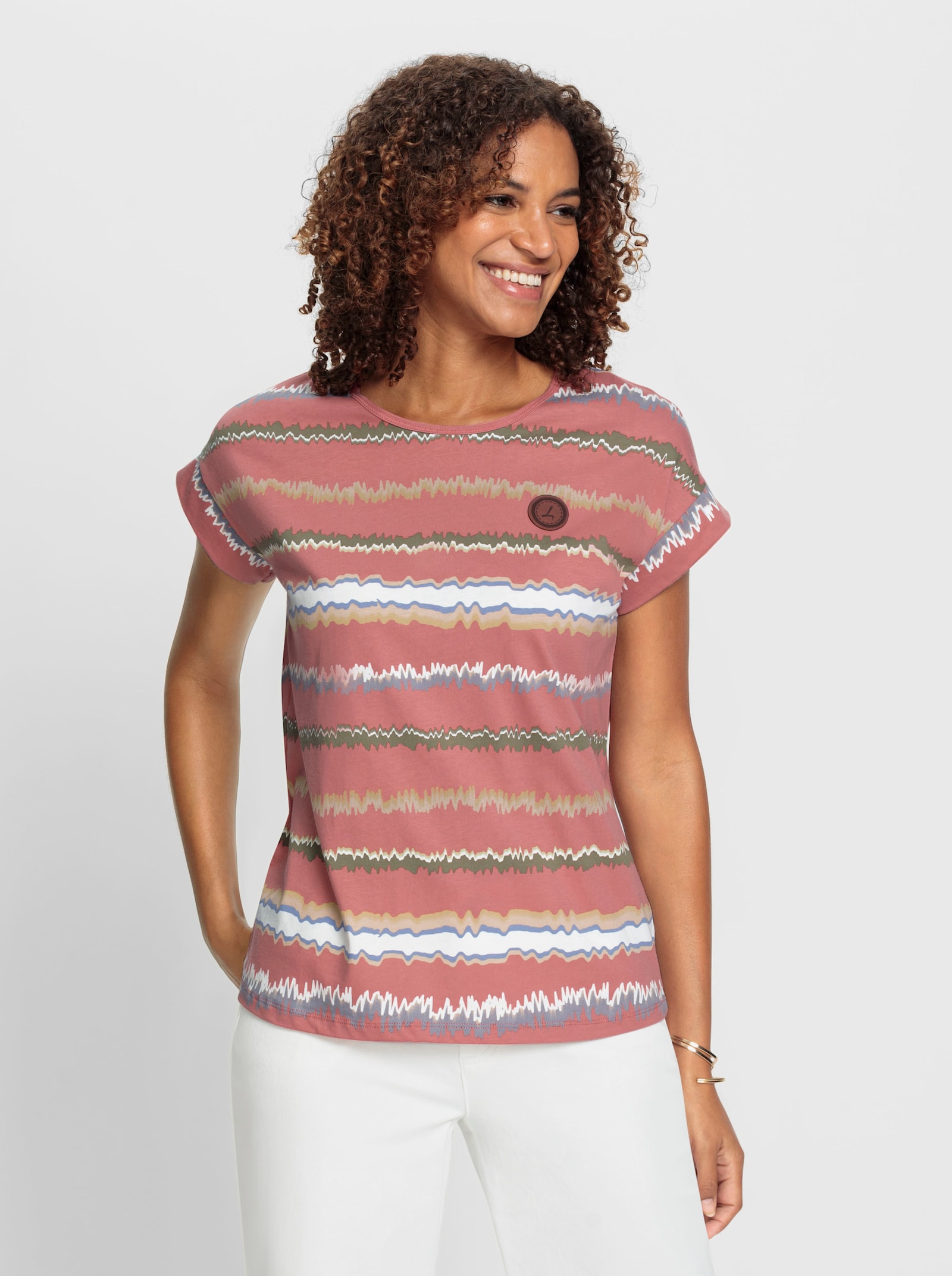 Print-Shirt mit Ziernähten, geringelt - rosenholz-ecru-bedruckt