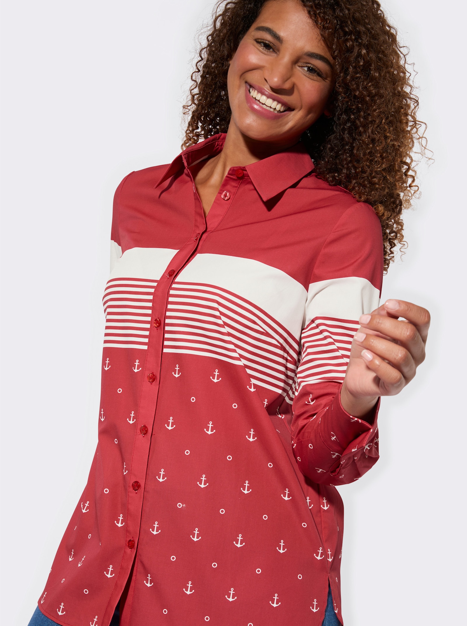 Langarm-Bluse mit Hemdkragen - erdbeere-weiß-gestreift