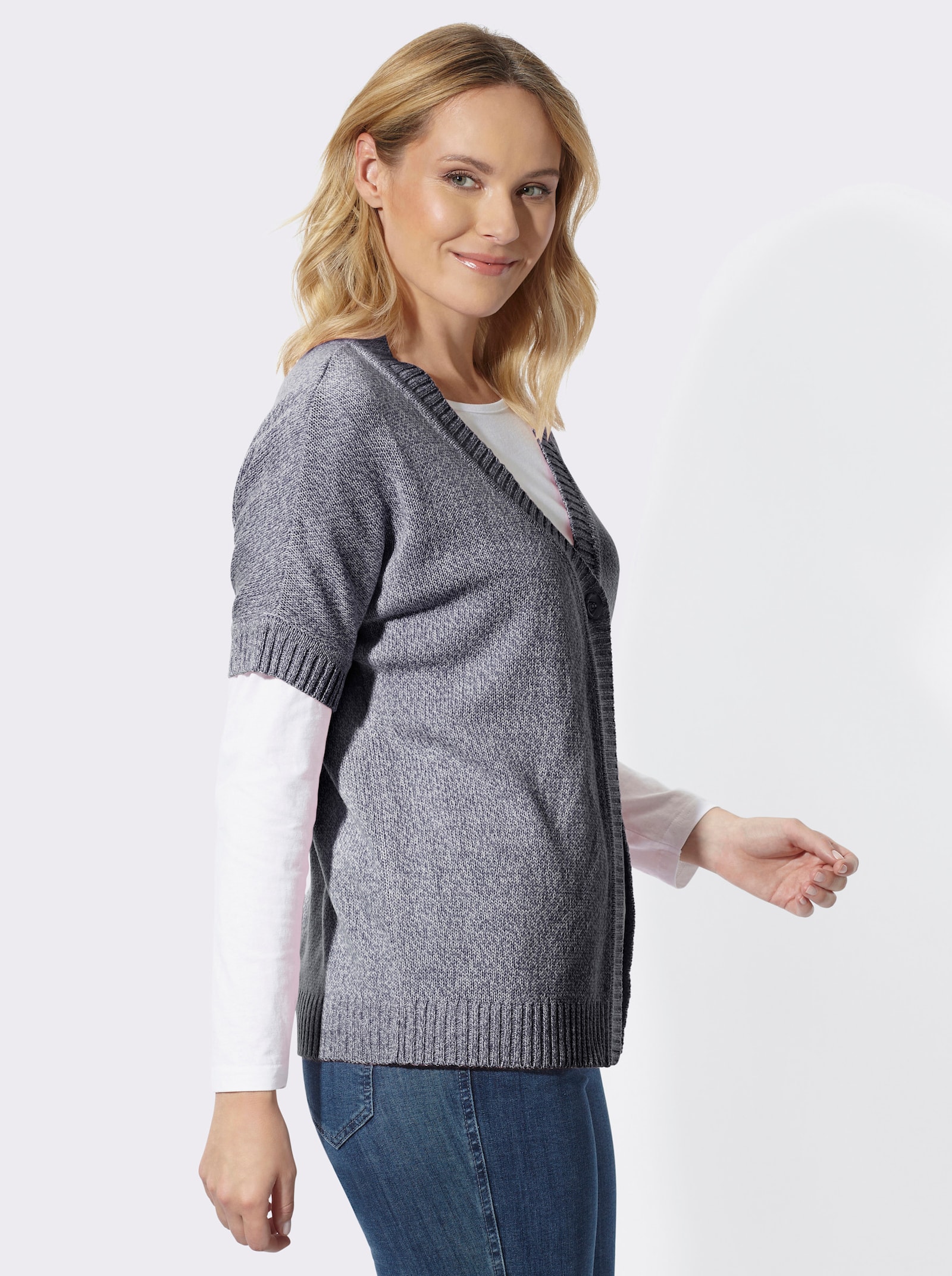 Strickjacke mit Fledermaus-Ärmeln - marine-ecru-meliert