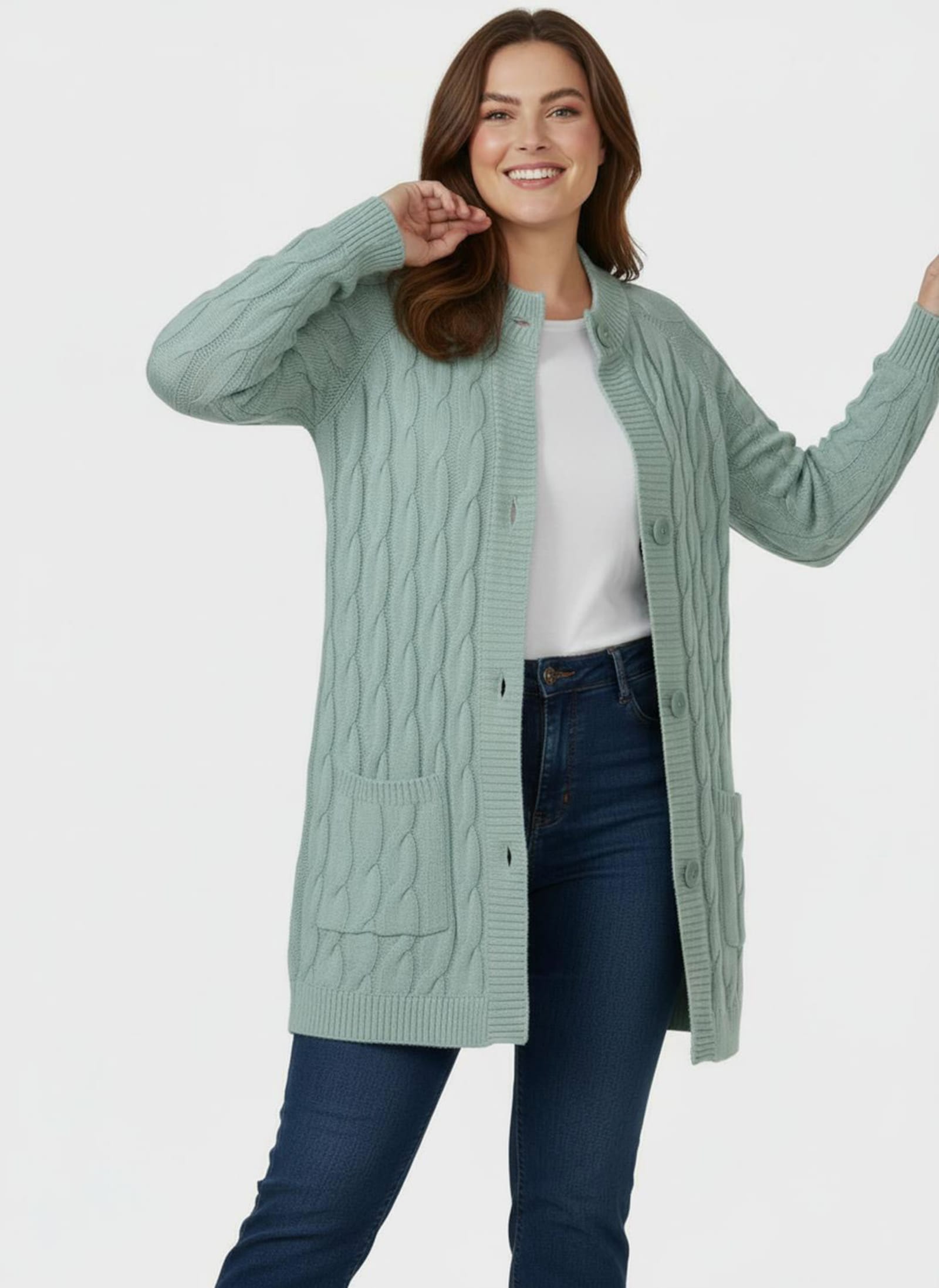 Longstrickjacke mit Zopf-Strickmuster - kalkmint