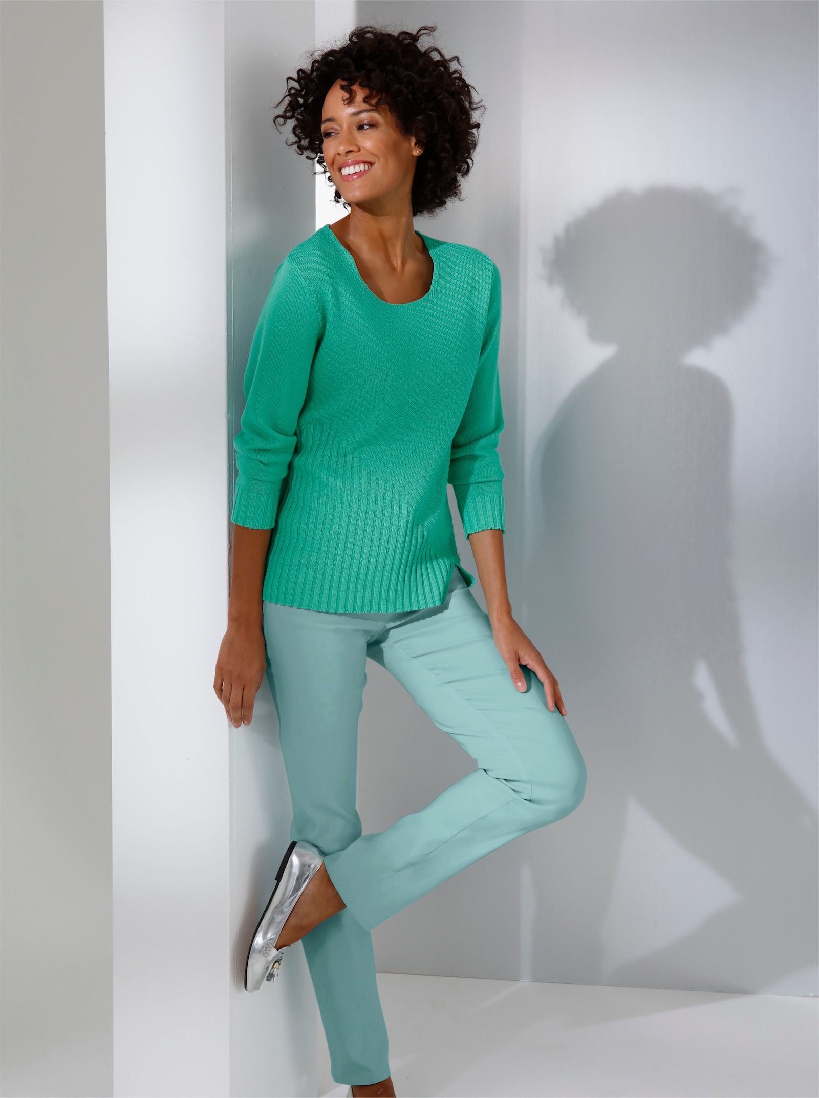 CREATION L PREMIUM Langarm-Pullover mit seitlichem Schlitz - blaugrün