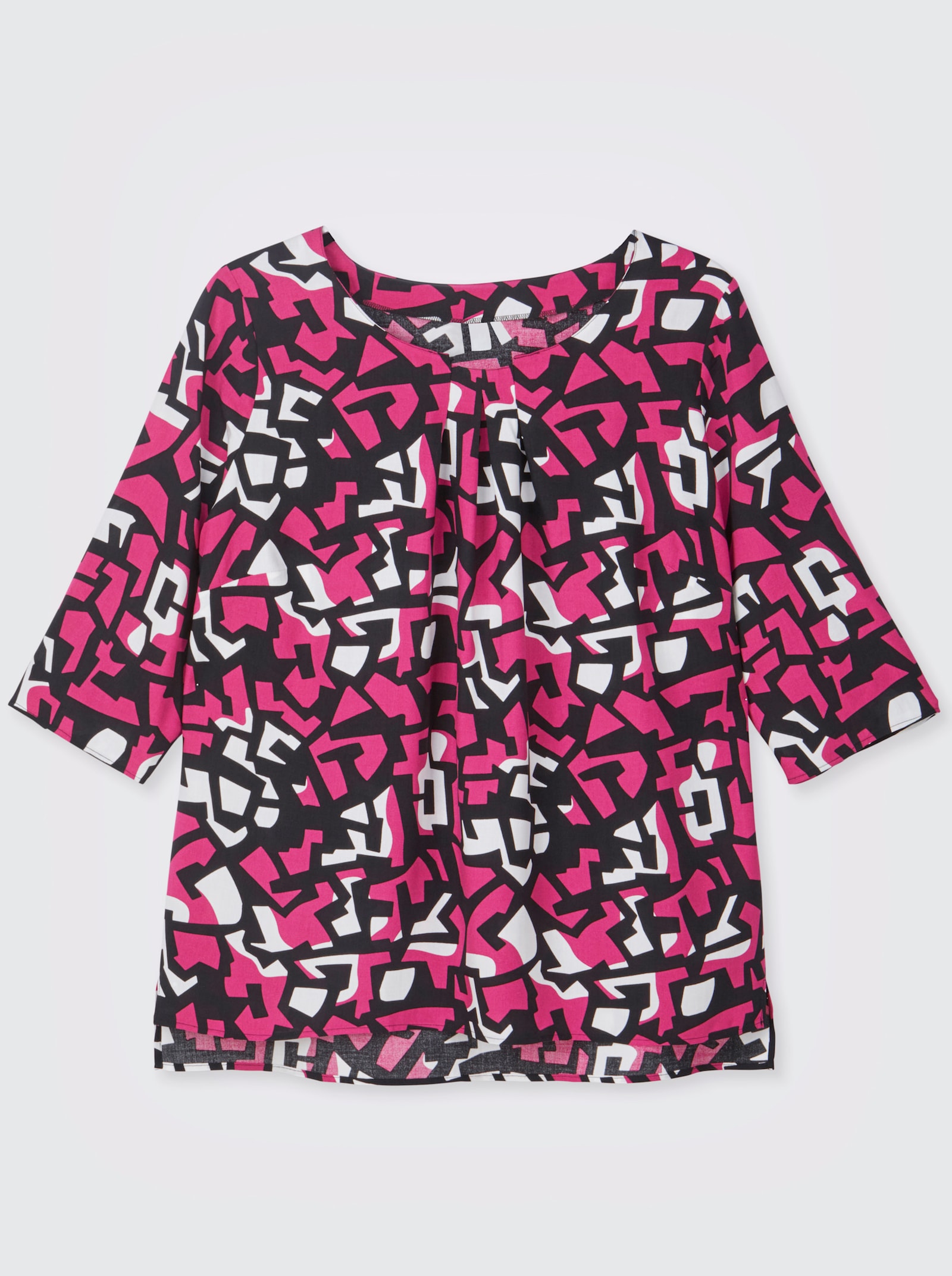 Druckbluse mit Falten am Ausschnitt - fuchsia-schwarz-bedruckt