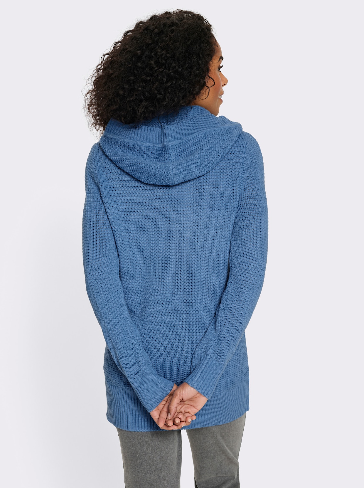 Kapuzenstrickjacke mit Känguru-Taschen - mittelblau