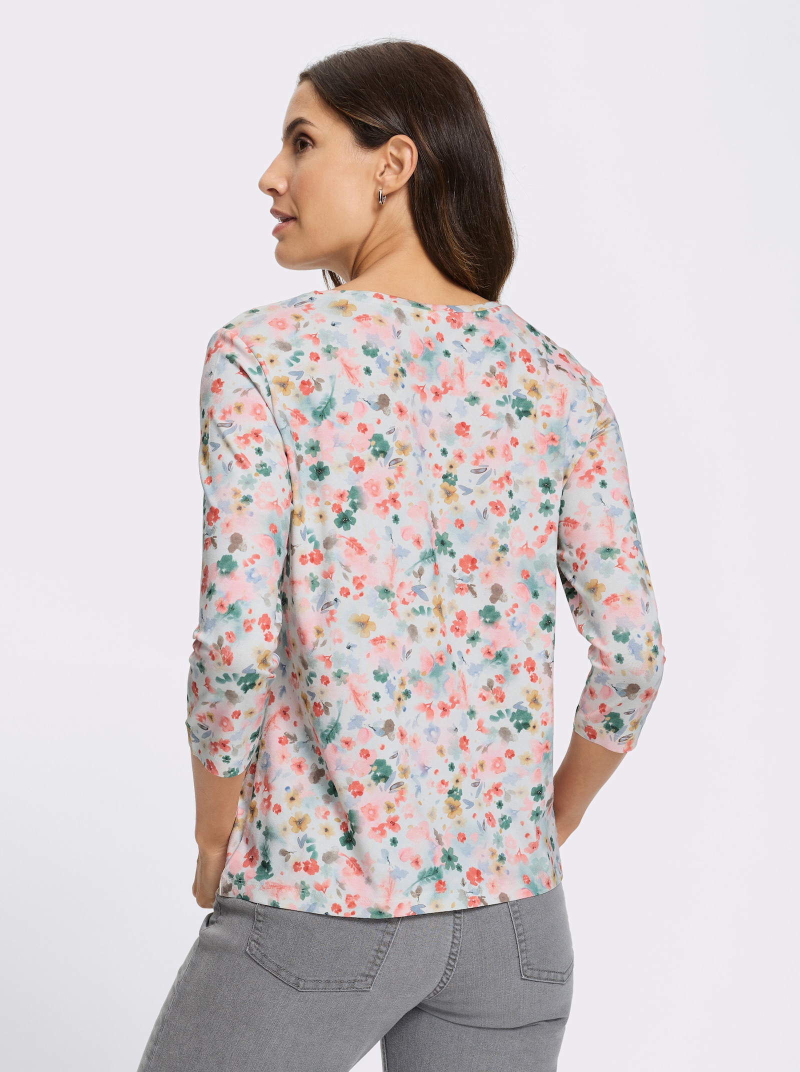 Tričko, 3/4 rukávy, kvetový vzor - Svetlobéžovo-plameniaková potlač