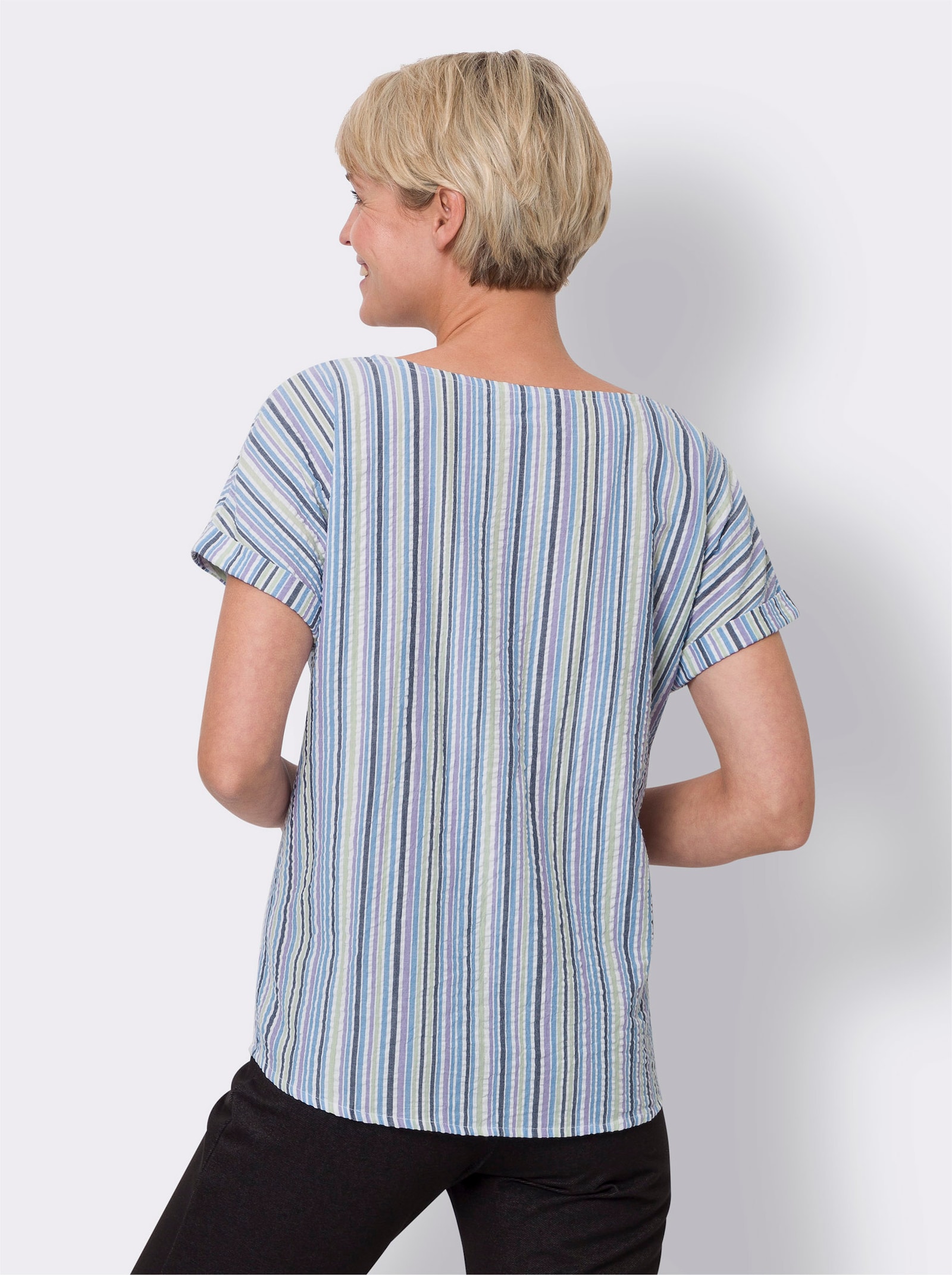 Comfortblouse van seersucker - wit/lavendel gestreept