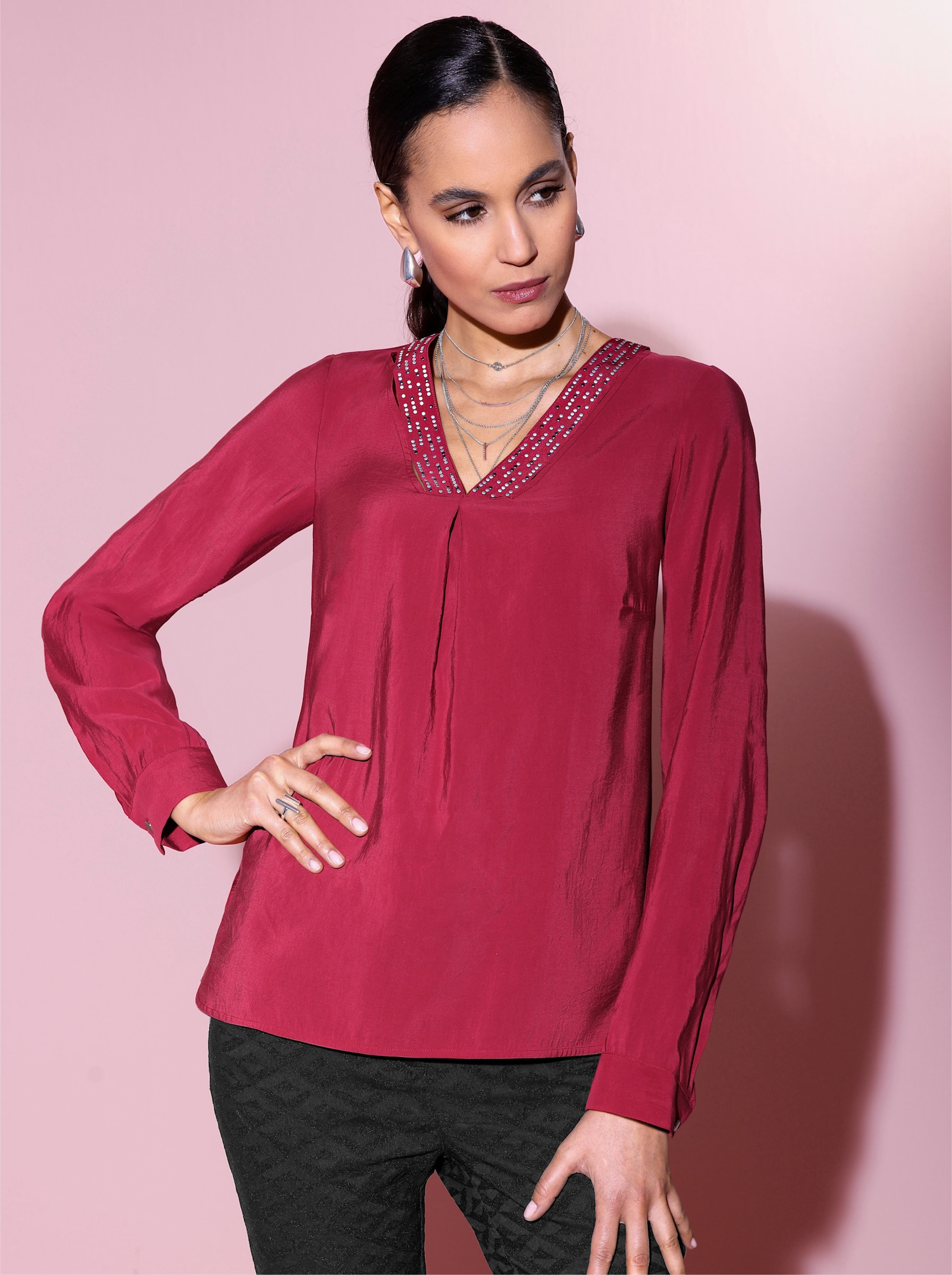 Langarmbluse in matt-glänzender Modal-Qualität - kirsche