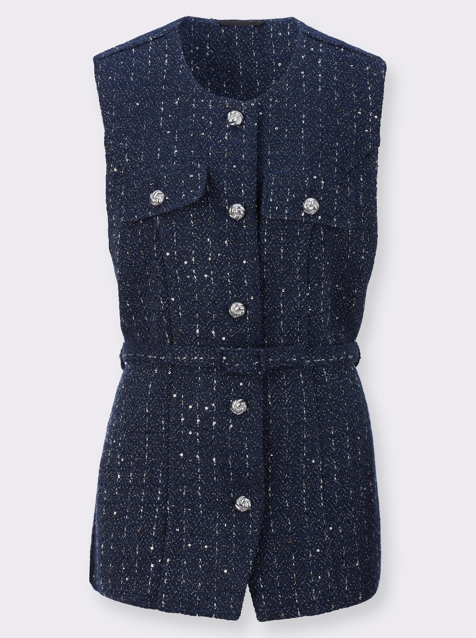 Longweste mit Stoffgürtel - dunkelblau-ecru-meliert