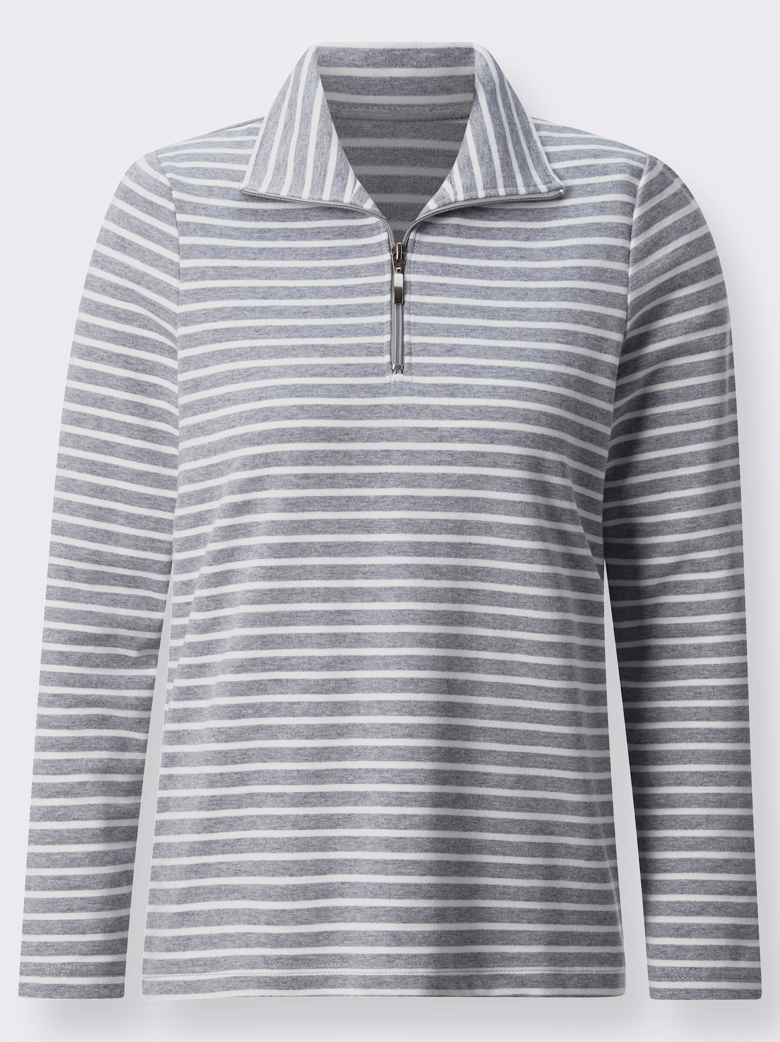 Shirt met lange mouwen, schipperskraag en ritssluiting - grijs gestreept