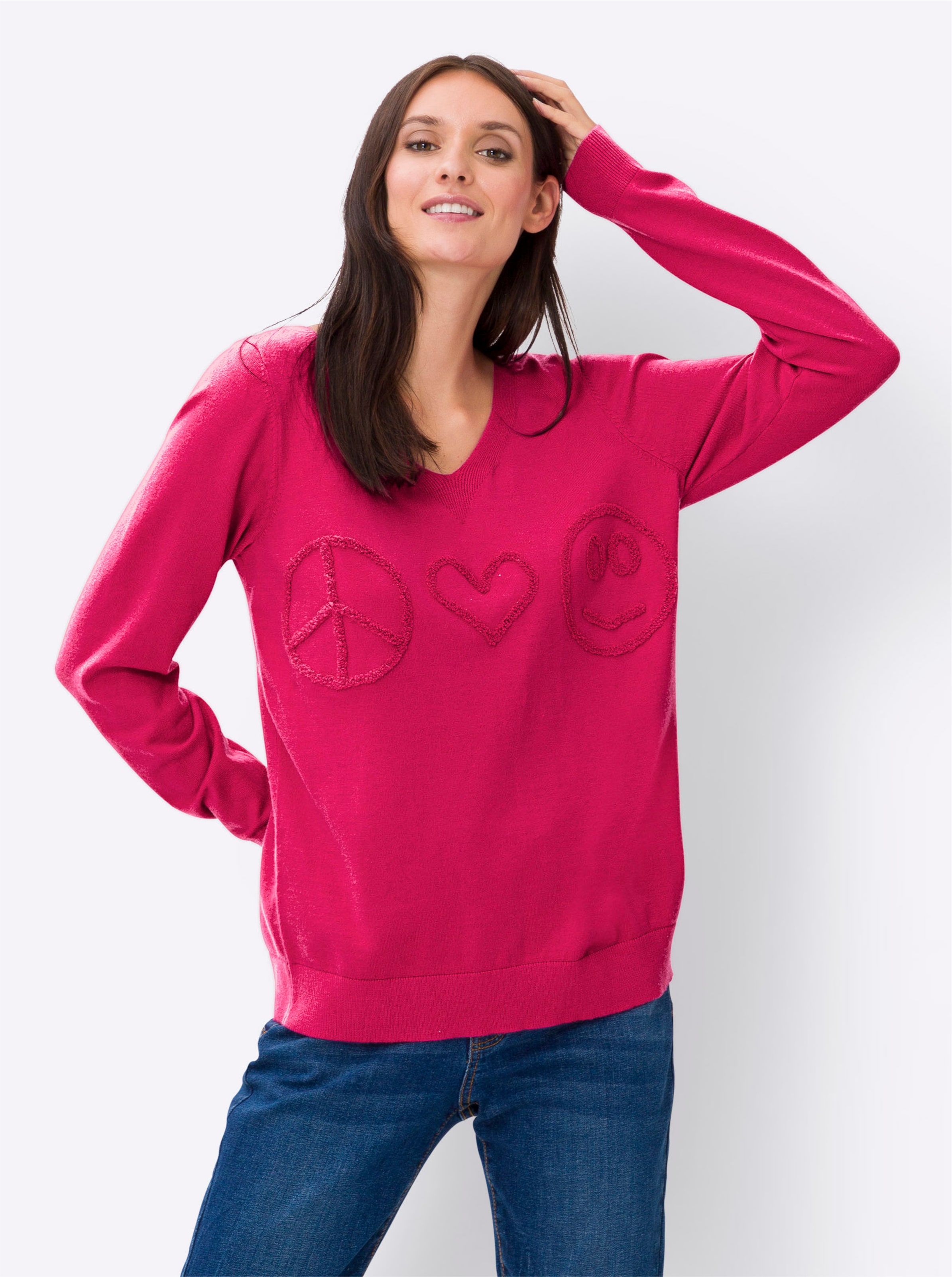 pink mit günstig Kaufen-Pullover in pink von heine. Pullover in pink von heine <![CDATA[Pullover Softer Feinstrick mit platzierten Motiven in angesagter Flausch-Optik. Mit V-Ausschnitt, Langarm und Rippenbündchen.]]>. 