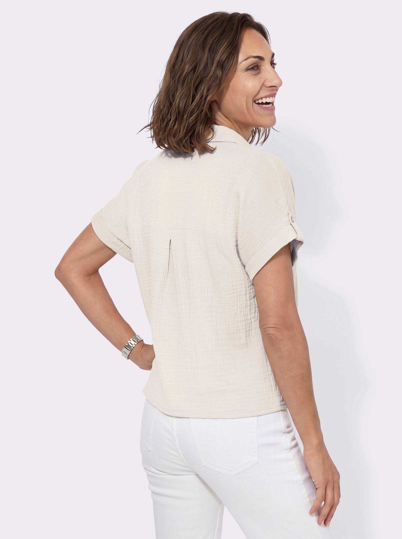 Baumwollbluse mit zipfligem Saum zum Knoten - ecru