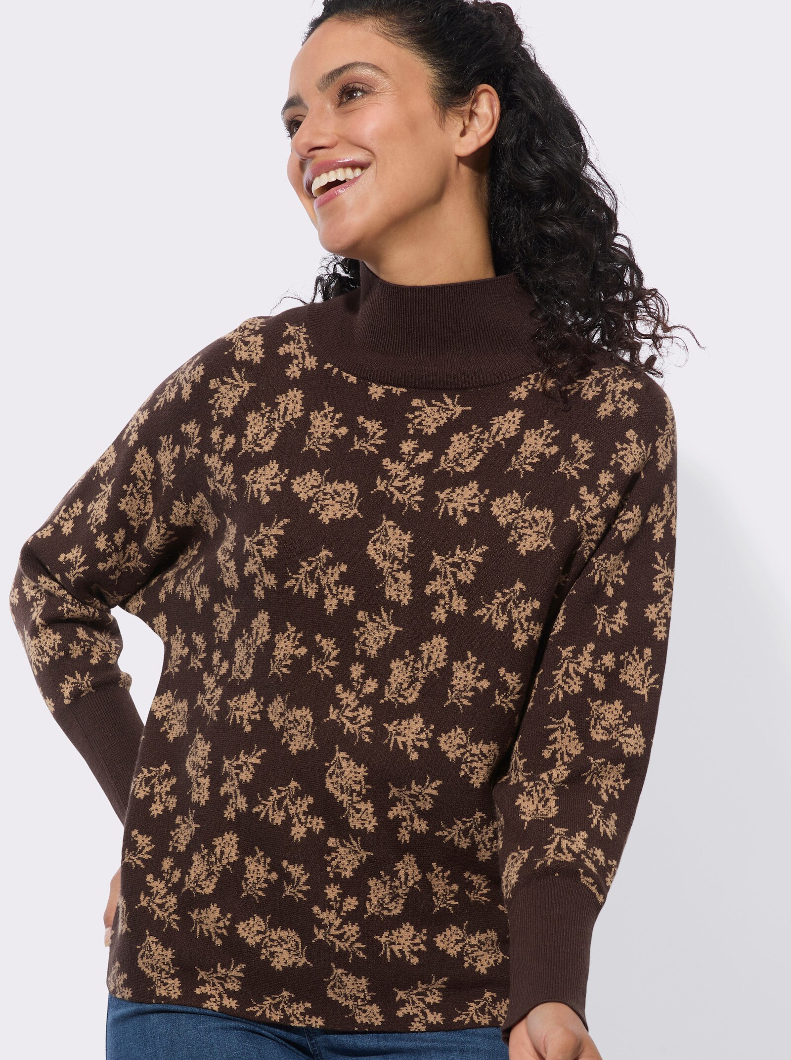 Stehkragenpullover mit floralem Print - schoko-camel-gemustert