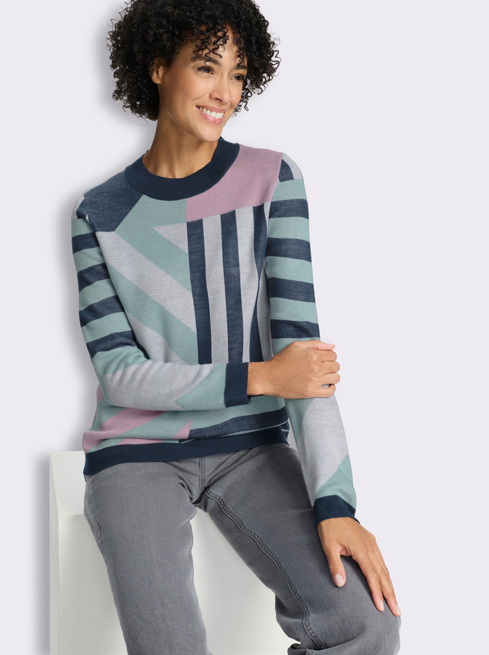 Jacquardpullover in grafischem Muster - kalkmint-rosé-gemustert