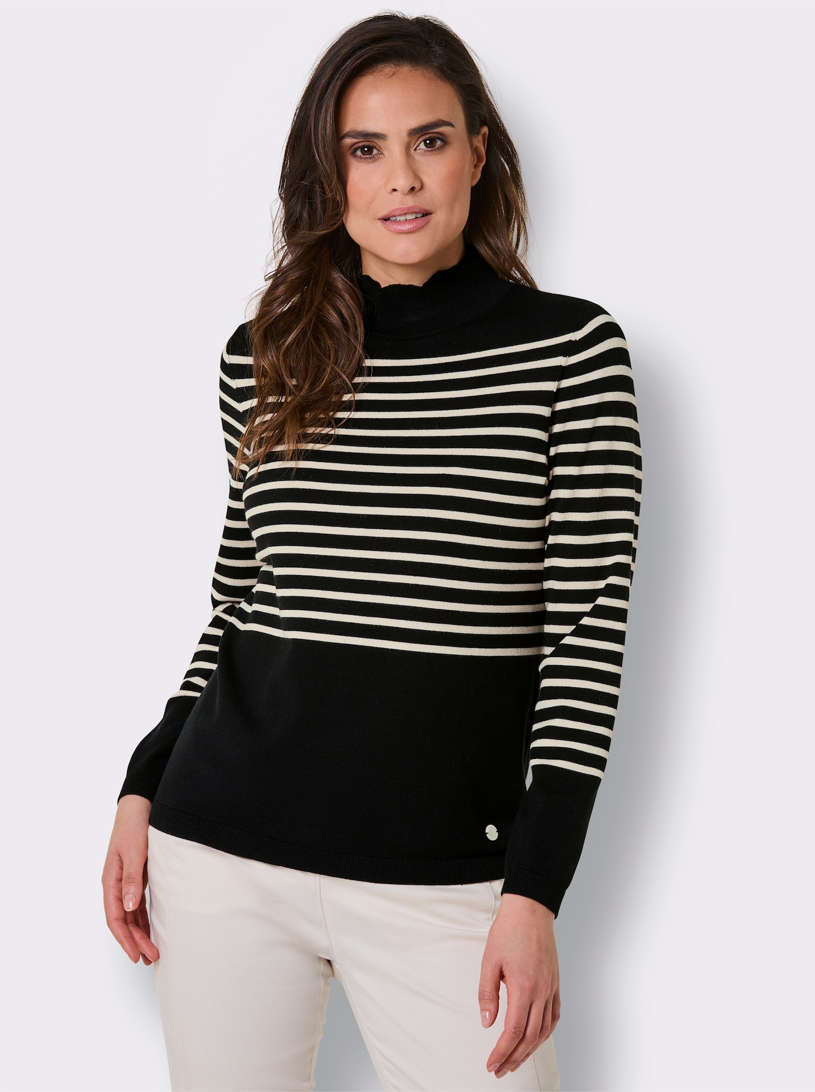 CREATION L PREMIUM Feinstrickpullover mit Wellenkante - schwarz-elfenbein-geringelt
