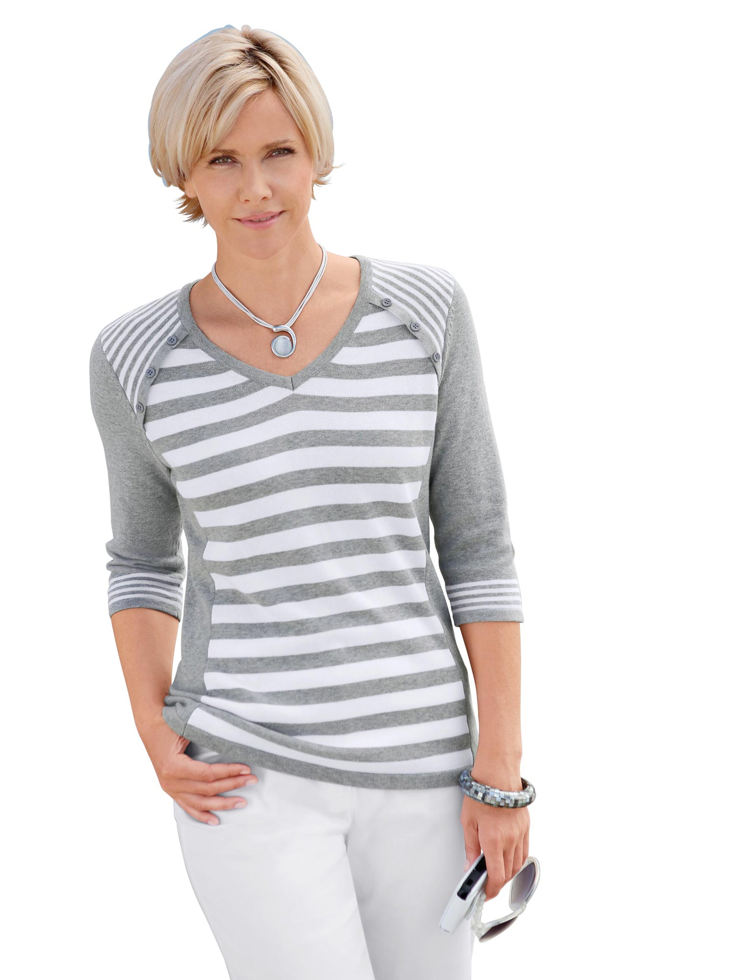 Pullover - grau-weiß-gestreift